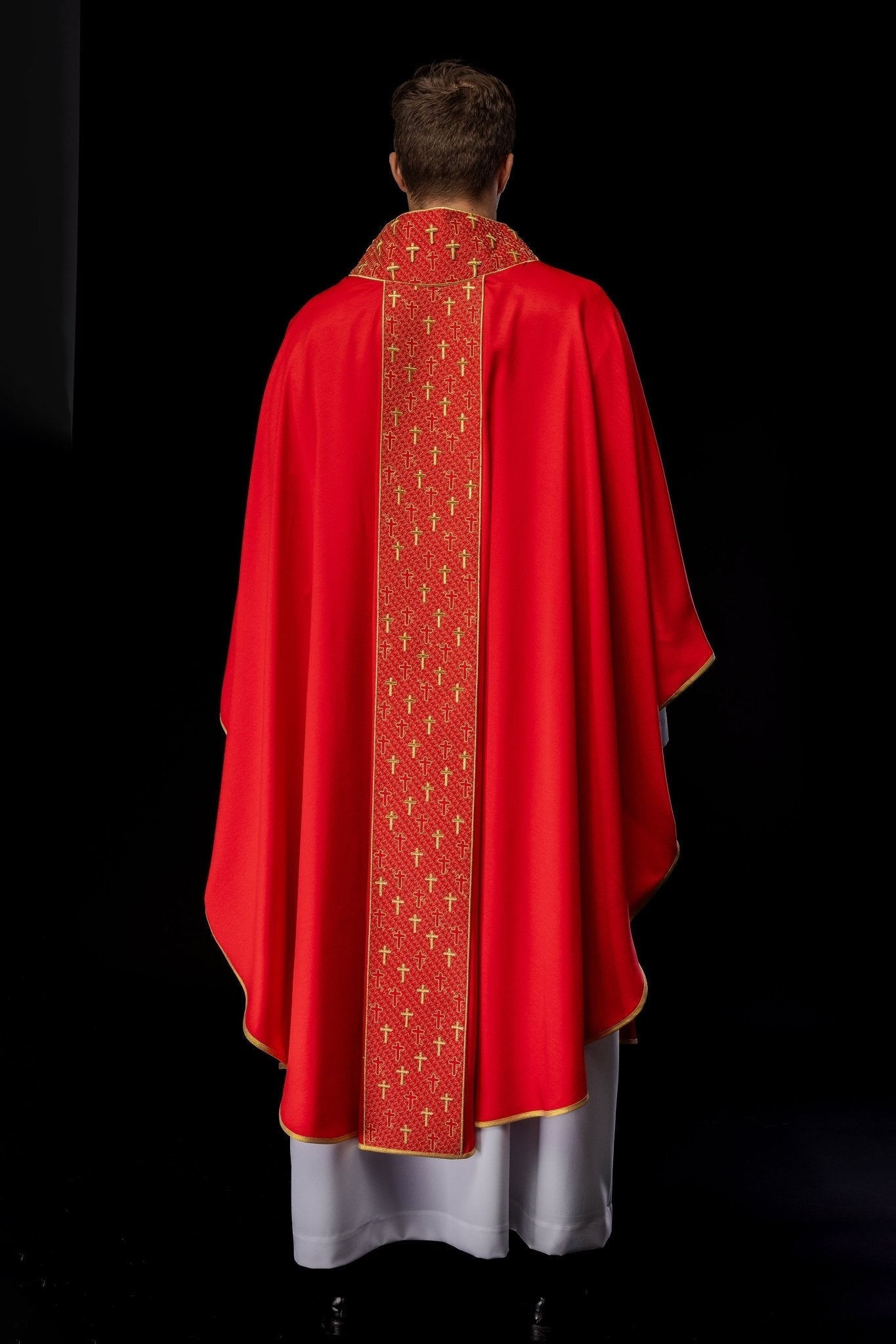 Red chasuble with gold cross embroidery on wide orphrey and collar S - 7062 - 02 - 53 - HAFTINAUSA.COM