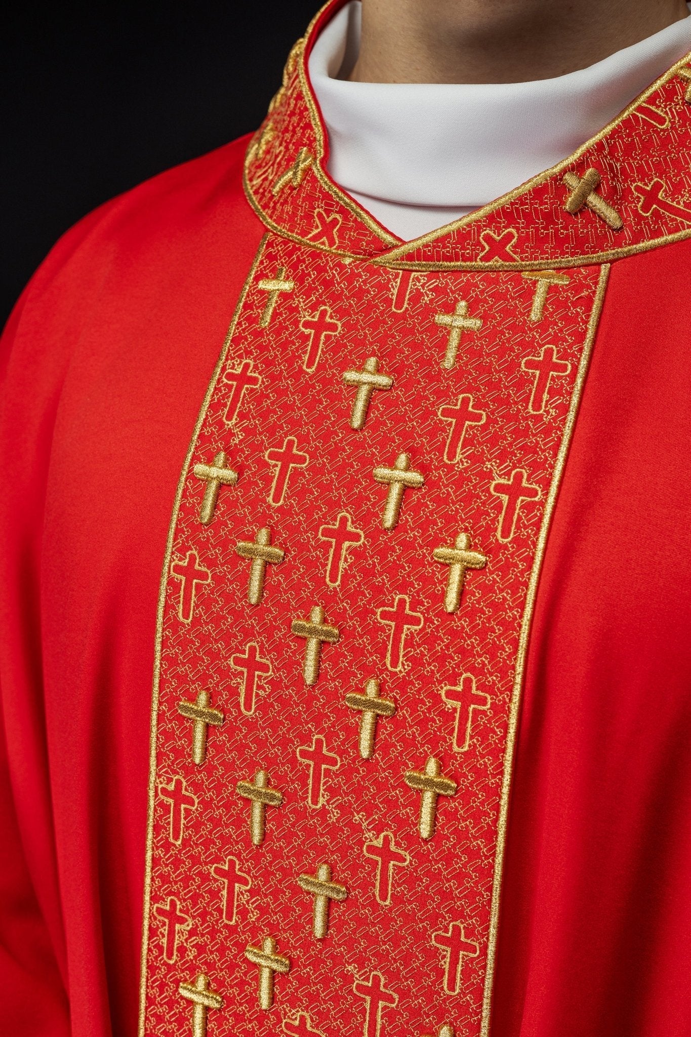 Red chasuble with gold cross embroidery on wide orphrey and collar S - 7062 - 02 - 53 - HAFTINAUSA.COM