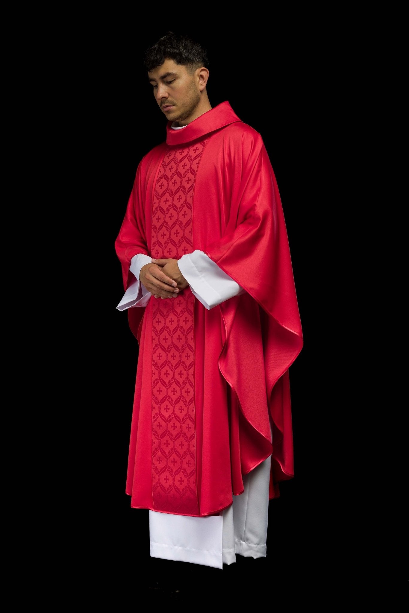 Red Chasuble with Jacquard Orphrey Featuring Cross Motifs KOR/402/02/53 - CHASUBLES.COM