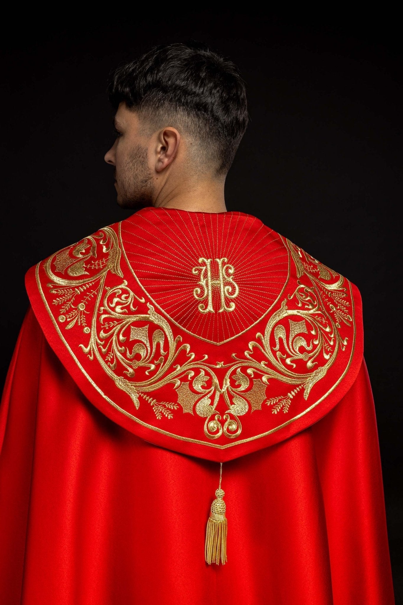 Red clerical cope with gold IHS embroidery KKP/009/02/20 145cm - HAFTINAUSA.COM