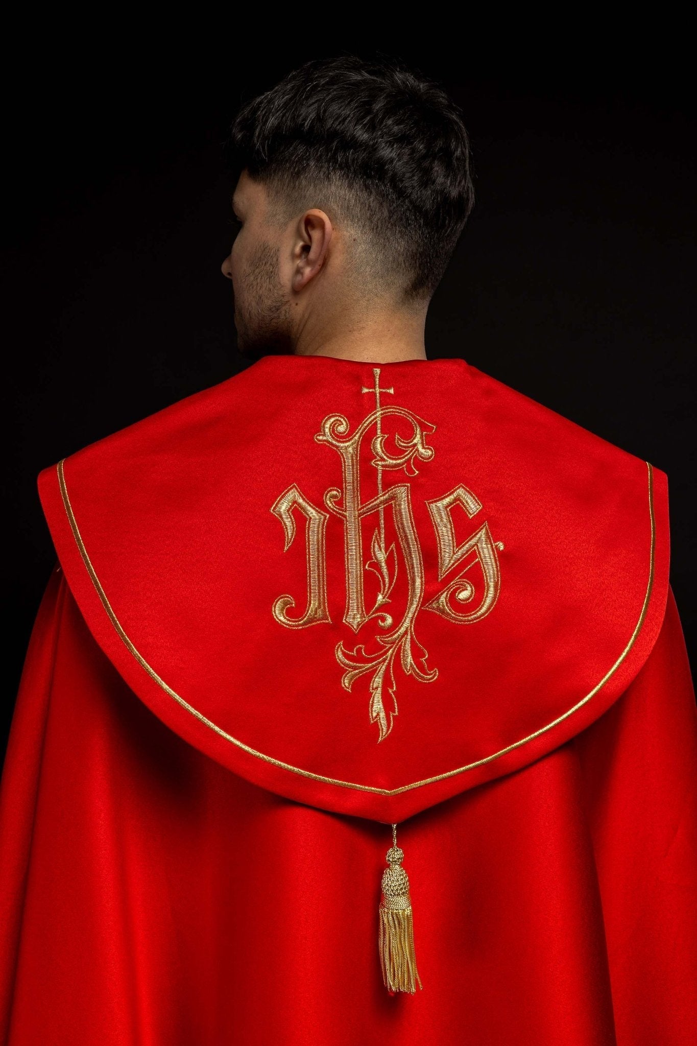 Red cope embroidered front and back with IHS monogram KKP/023/02/20 145cm - HAFTINAUSA.COM