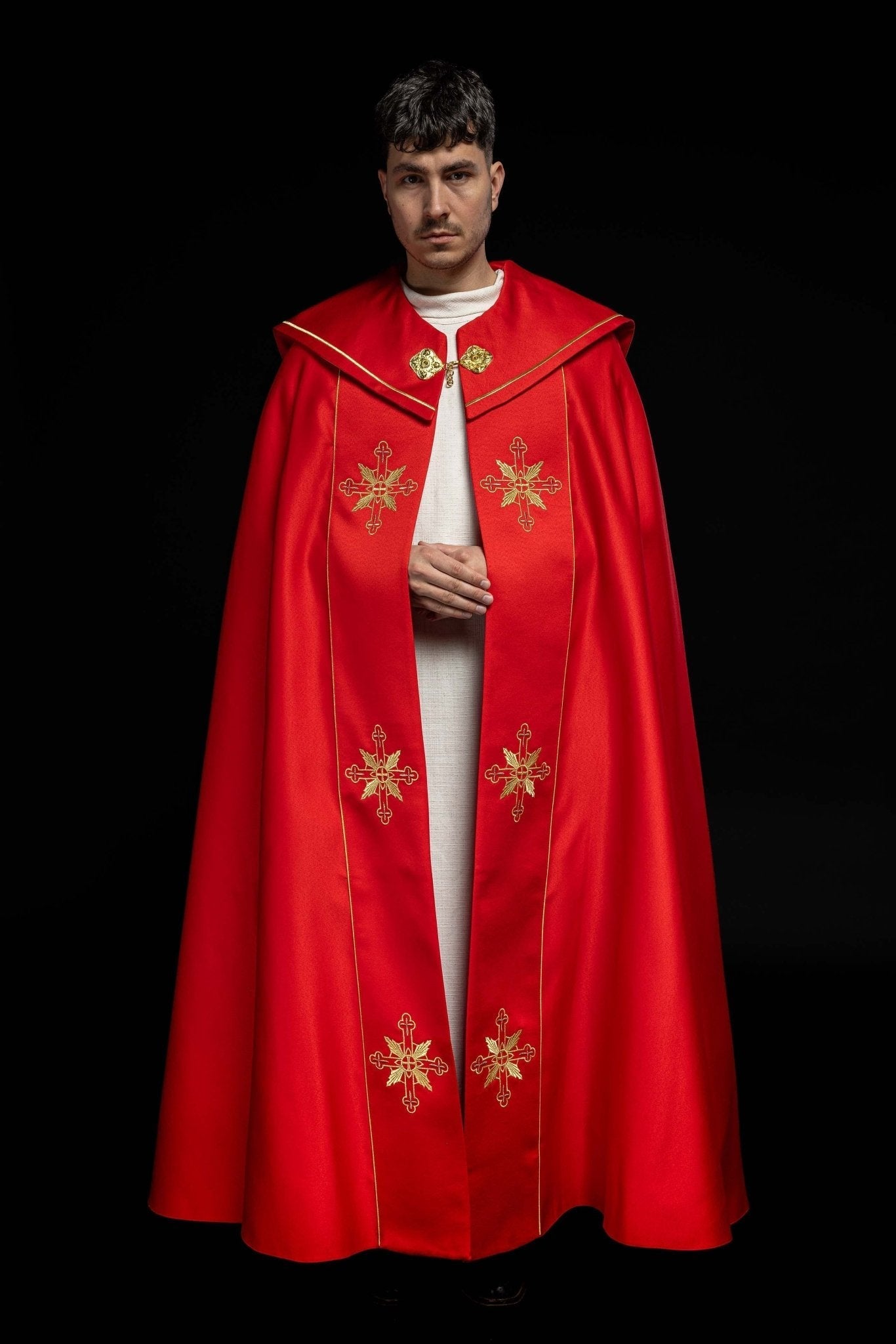 Red cope embroidered front and back with IHS monogram KKP/023/02/20 145cm - HAFTINAUSA.COM