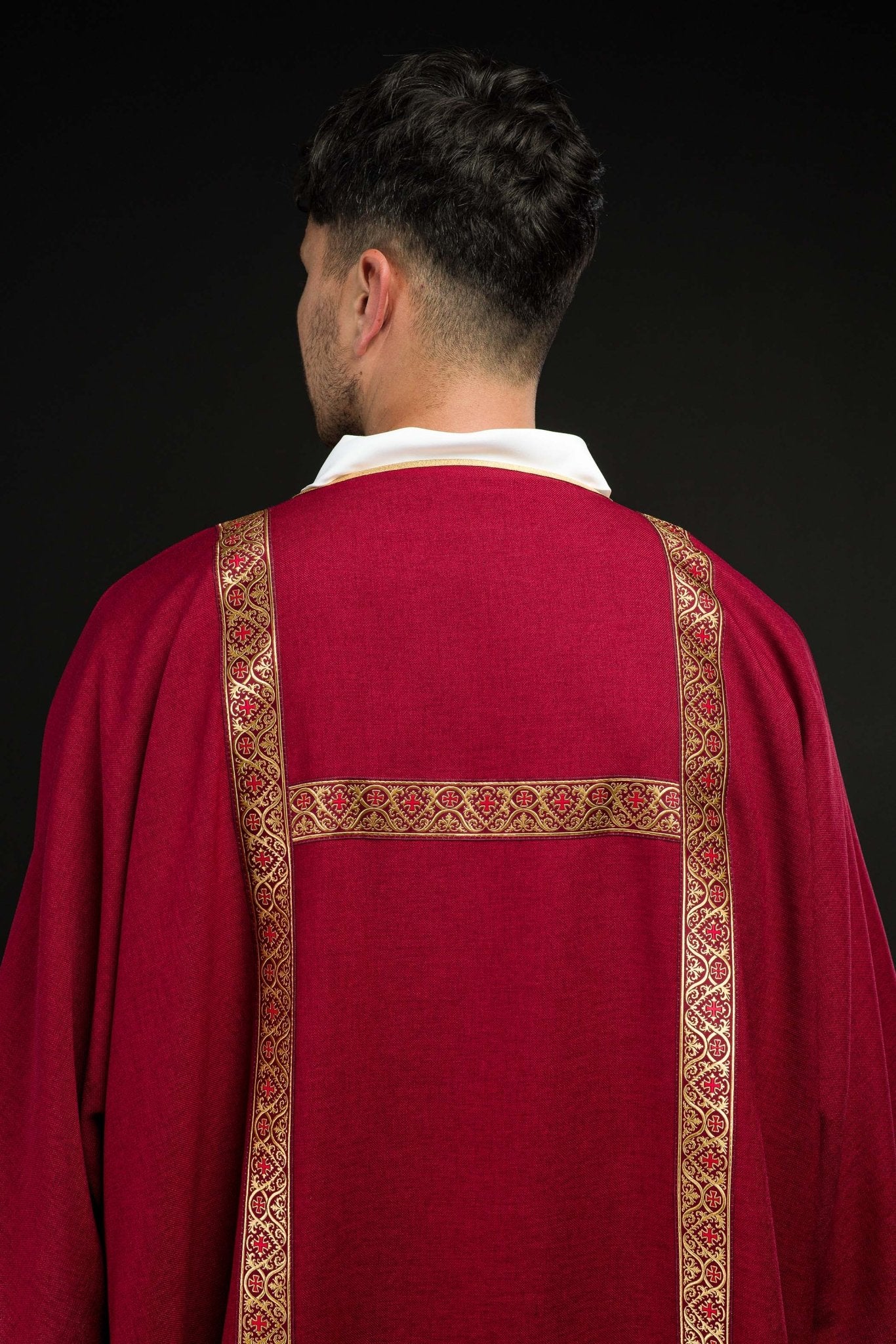 Red dalmatic decorated with gold jacquard ribbons KDL/395/02/70/B - CHASUBLES.COM