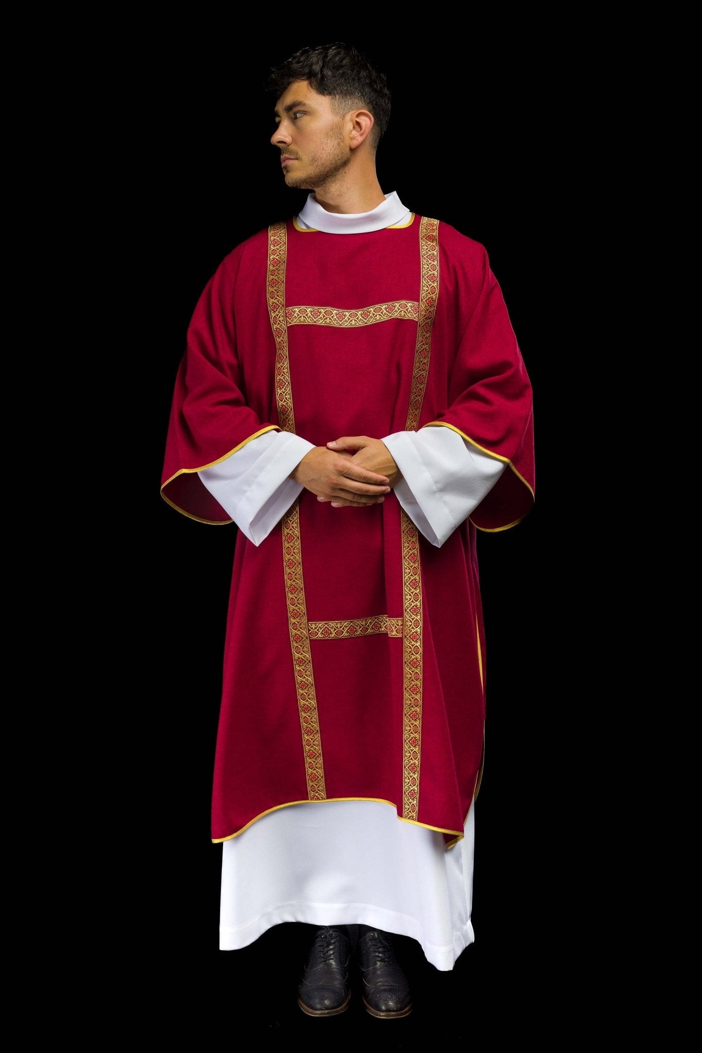 Red dalmatic decorated with gold jacquard ribbons KDL/395/02/70/B - CHASUBLES.COM