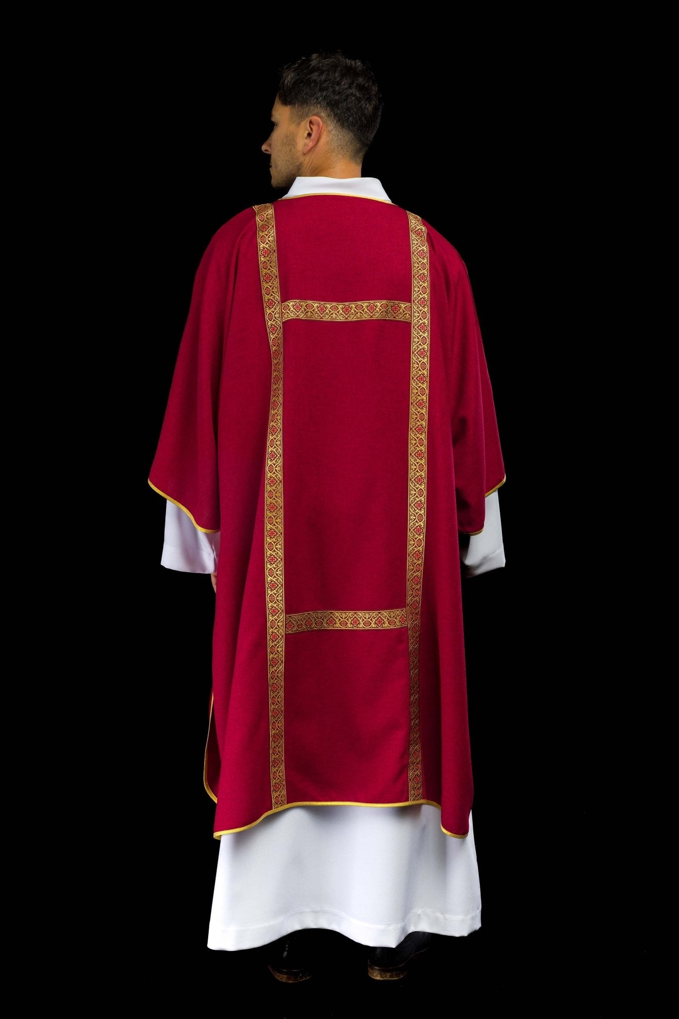 Red dalmatic decorated with gold jacquard ribbons KDL/395/02/70/B - CHASUBLES.COM