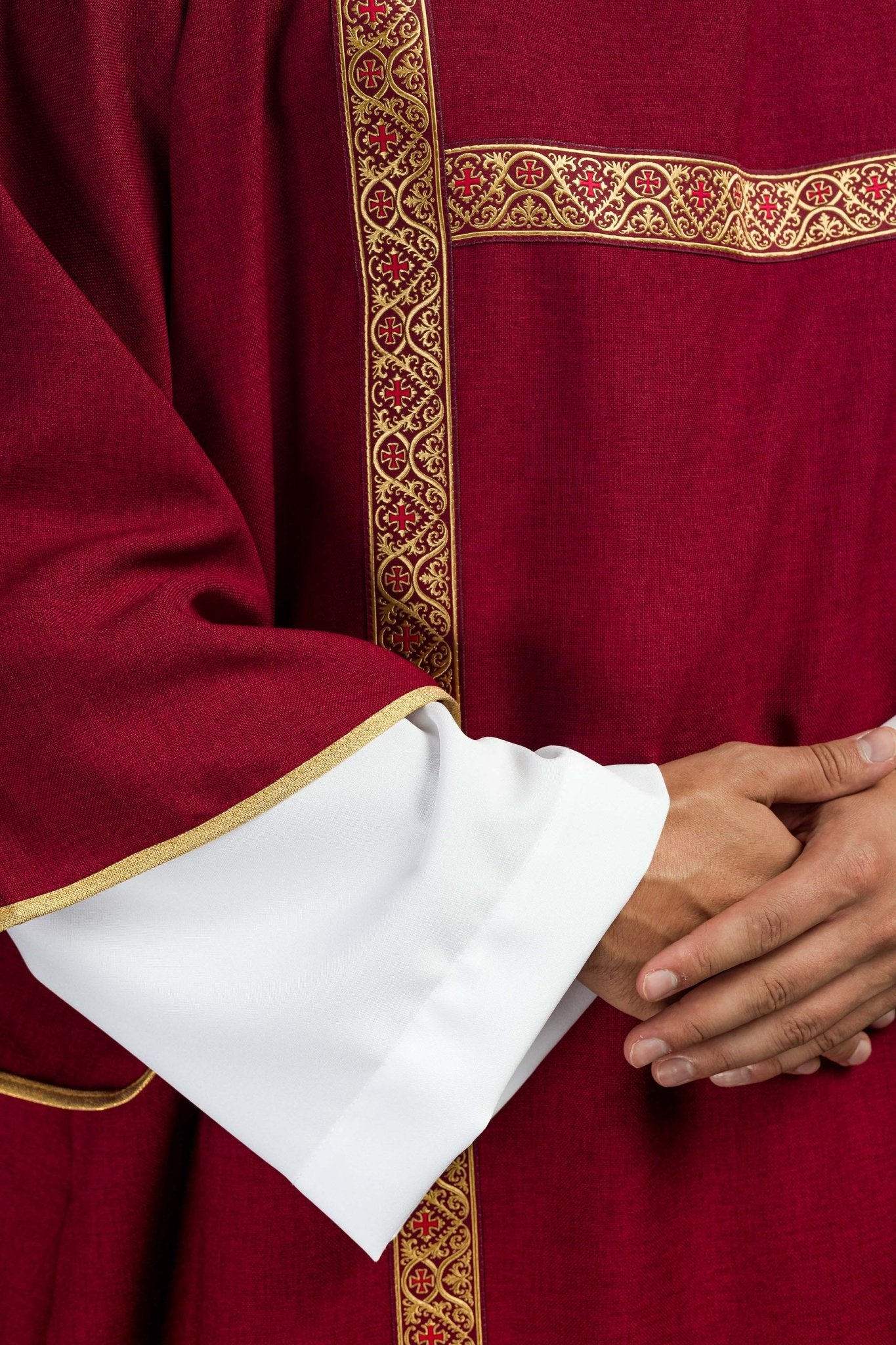 Red dalmatic decorated with gold jacquard ribbons KDL/395/02/70/B - CHASUBLES.COM
