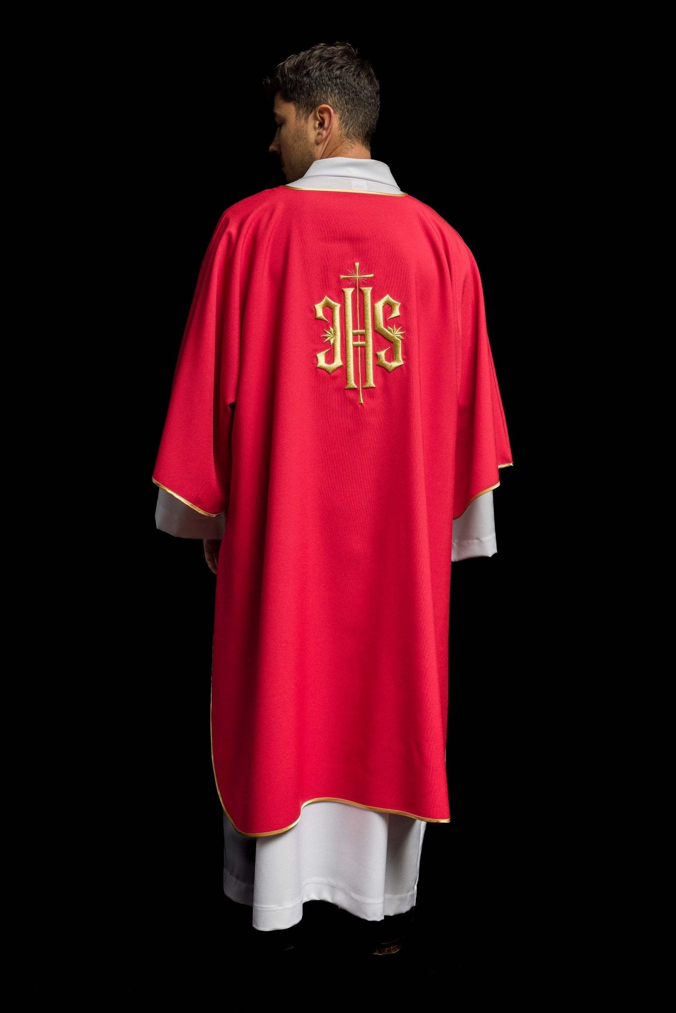 Red Dalmatic with Embroidered Gold IHS KDL/215/02/12/D - CHASUBLES.COM