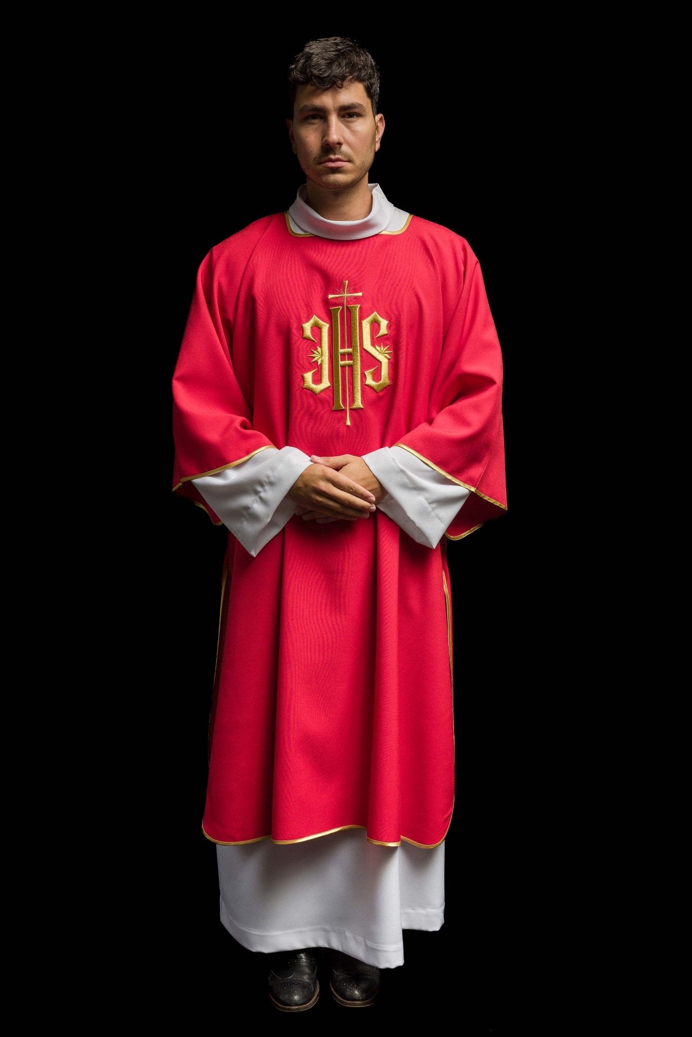 Red Dalmatic with Embroidered Gold IHS KDL/215/02/12/D - CHASUBLES.COM