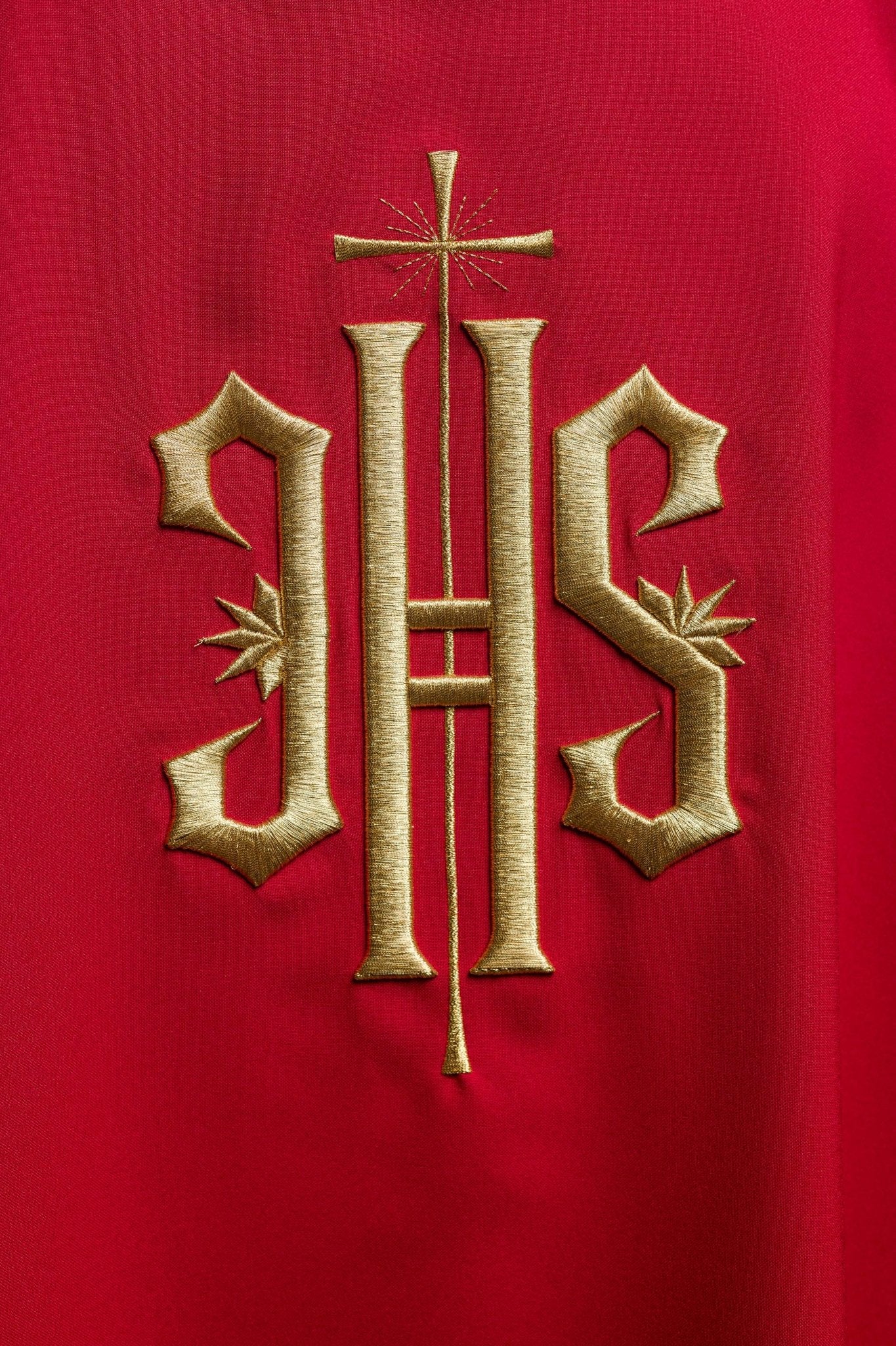 Red Dalmatic with Embroidered Gold IHS KDL/215/02/12/D - CHASUBLES.COM