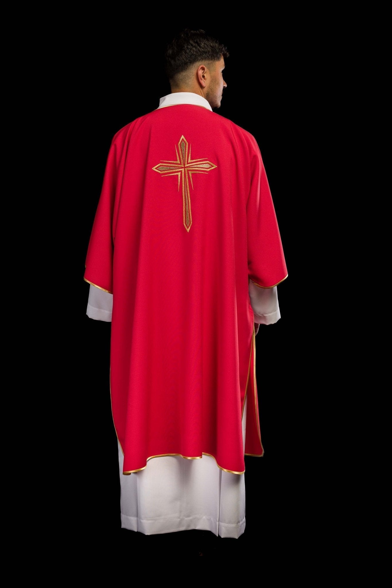 Red dalmatic with embroidered golden cross KDL/037/02/12/D - HAFTINAUSA.COM