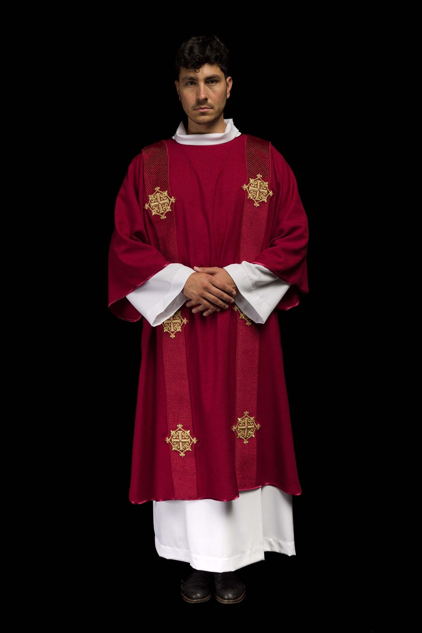 Red dalmatic with velvet bands and cross symbols LE/1030/02/B - CHASUBLES.COM