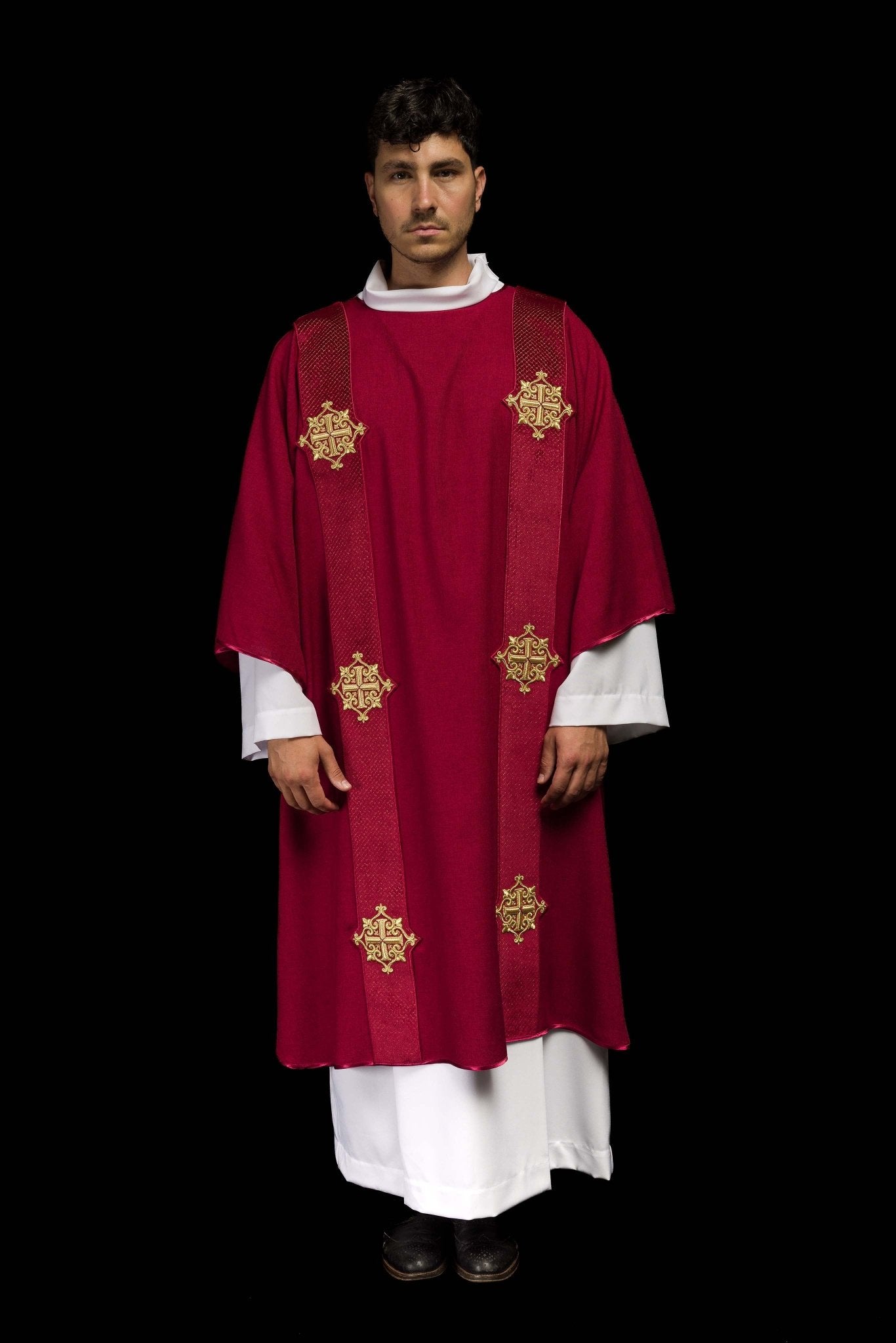 Red dalmatic with velvet bands and cross symbols LE/1030/02/B - CHASUBLES.COM