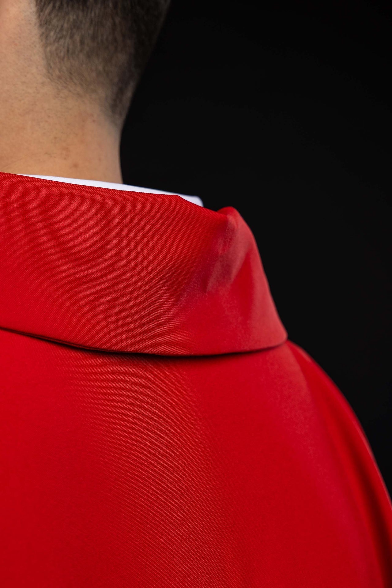 Red embroidered chasuble with an ornate cross and a wide collar KOK/003/02/12/KARO - CHASUBLES.COM
