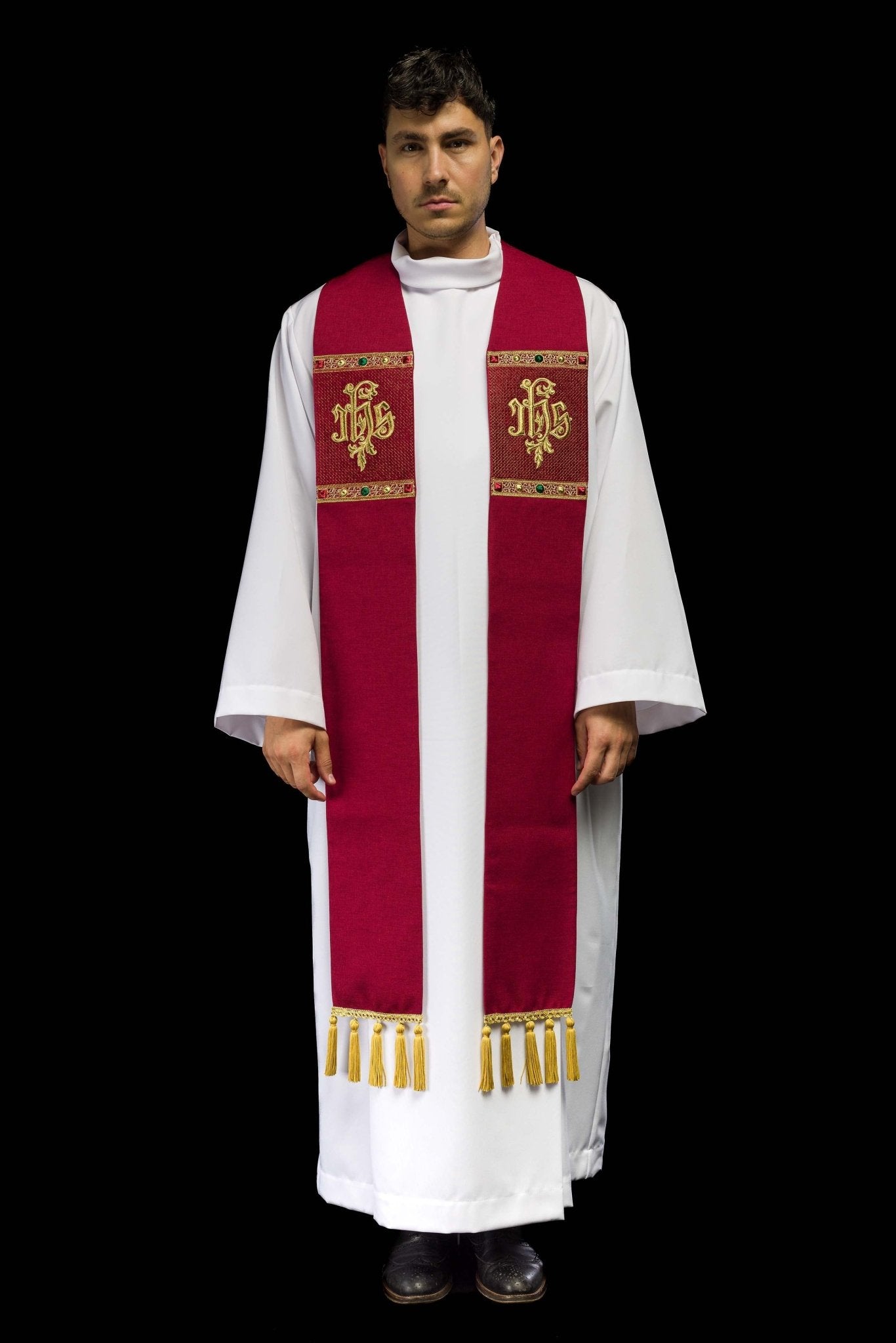 Red embroidered stole with IHS motif S-2067-02-70 - CHASUBLES.COM