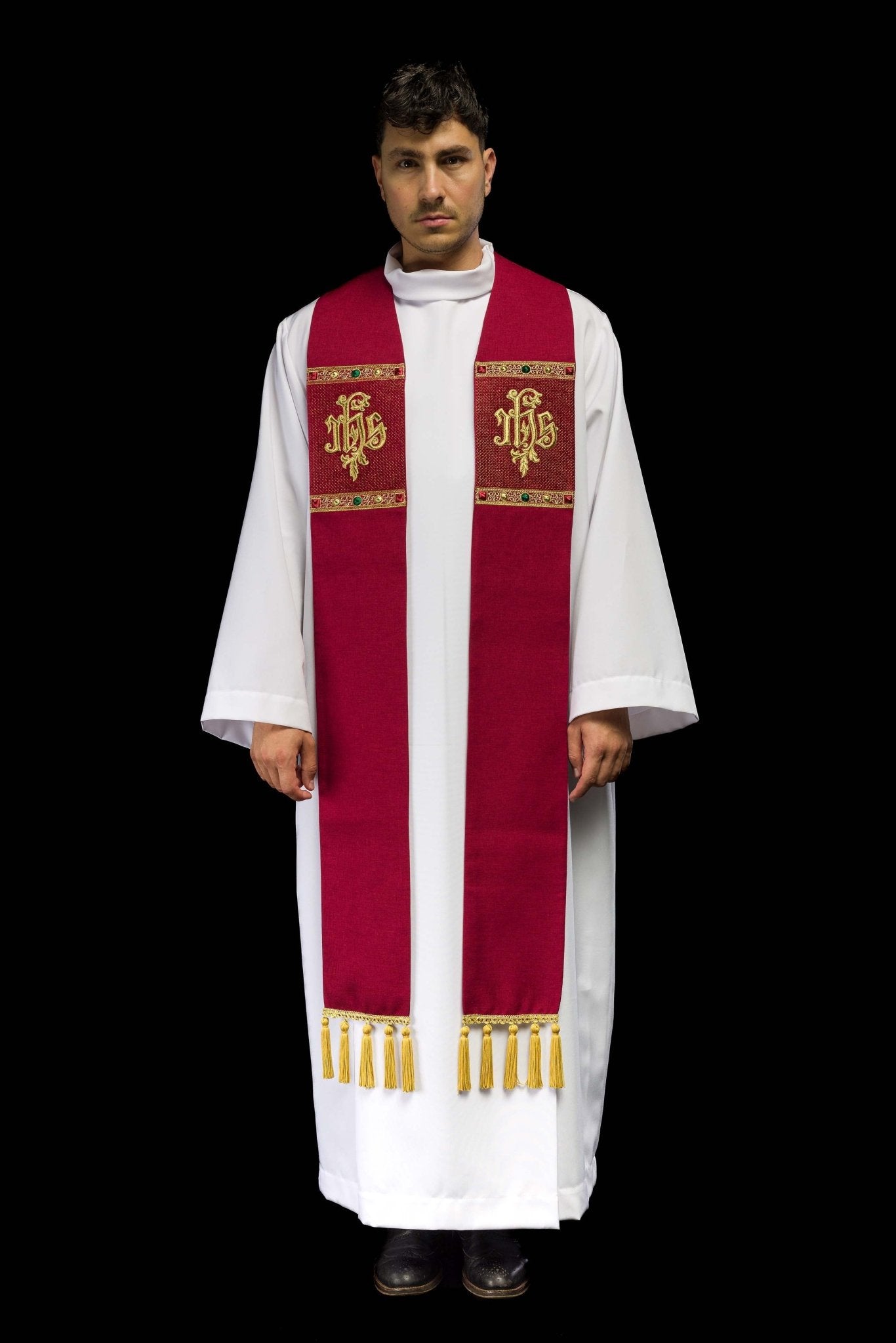 Red embroidered stole with IHS motif S-2067-02-70 - CHASUBLES.COM