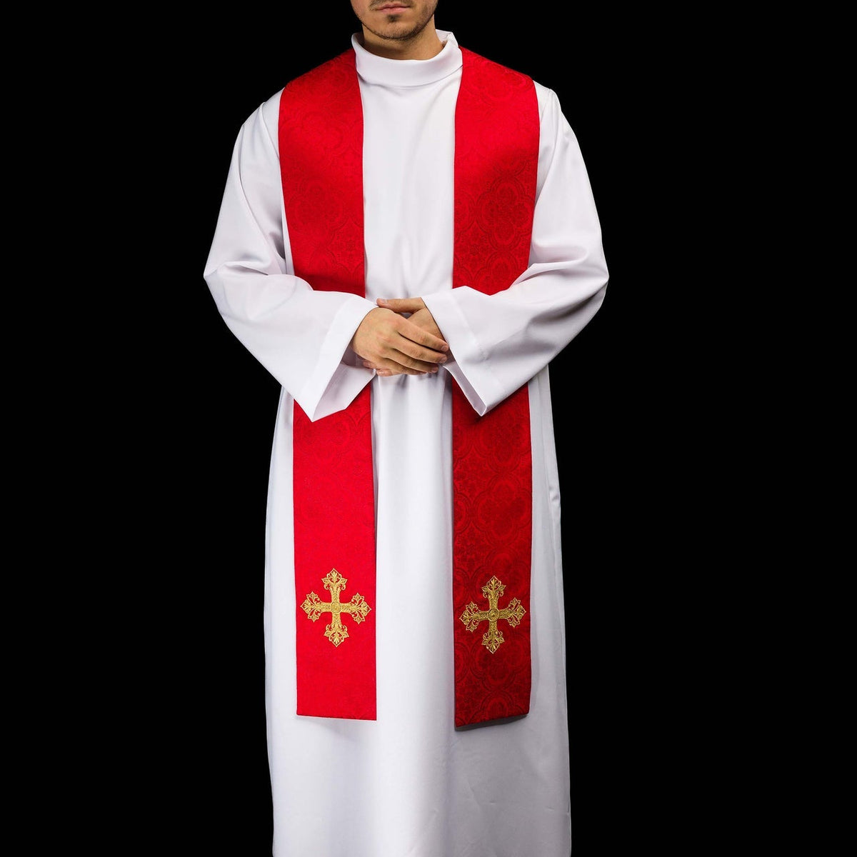 Red jacquard stole embroidered with a cross motif