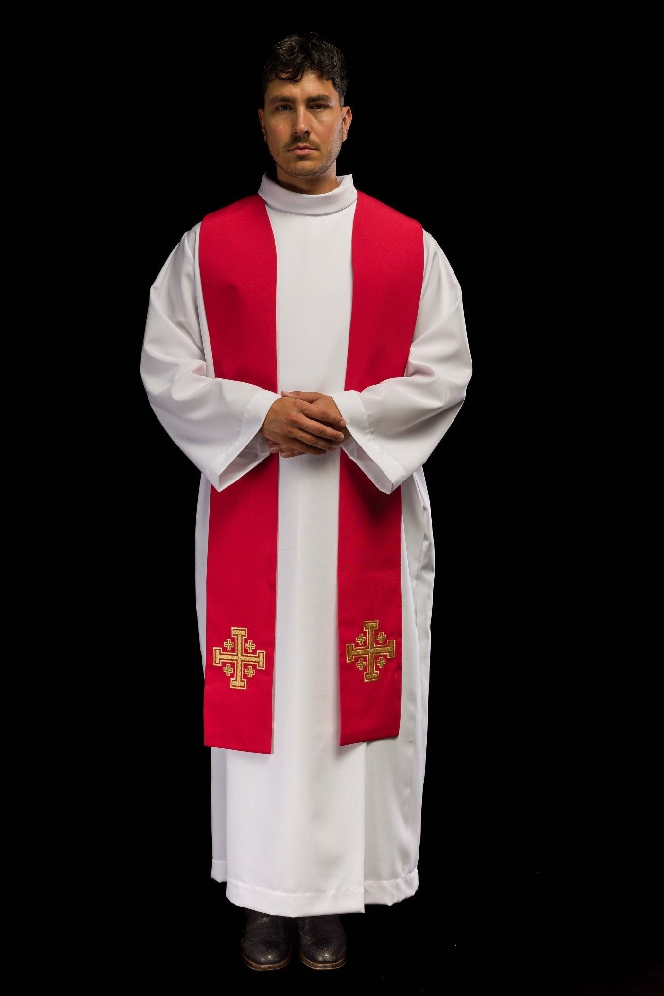 Red Jerusalem Cross embroidered priestly stole KST/046/02/01 CZERWONY - HAFTINAUSA.COM