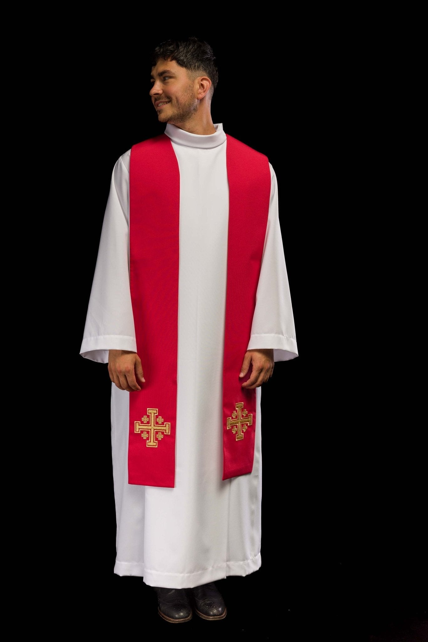 Red Jerusalem Cross embroidered priestly stole KST/046/02/01 CZERWONY - HAFTINAUSA.COM