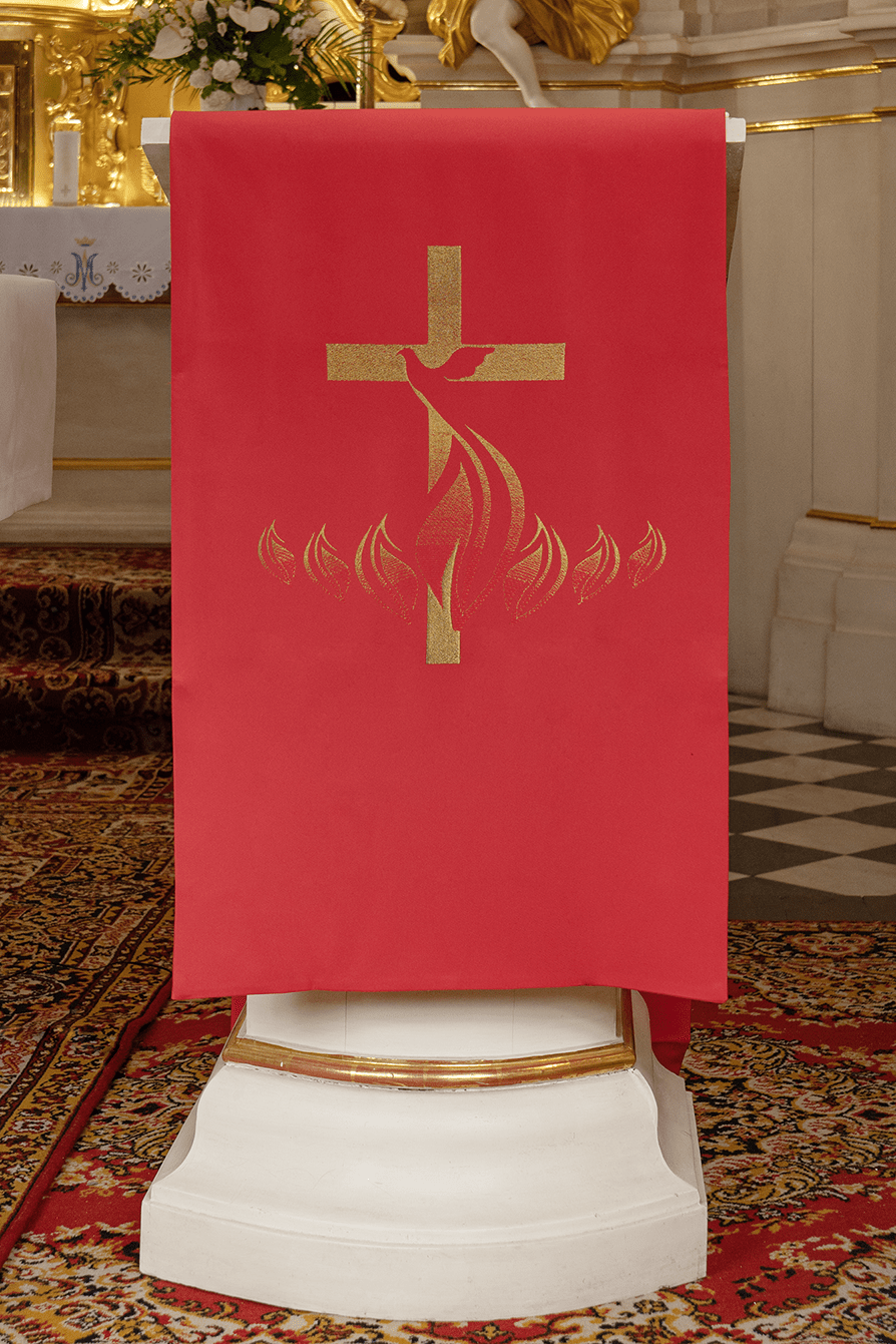Red lectern Cover Embroidered with Cross and Fire Symbol in Red KMO/216/02/01 CZERWONY 55*250 - HAFTINAUSA.COM