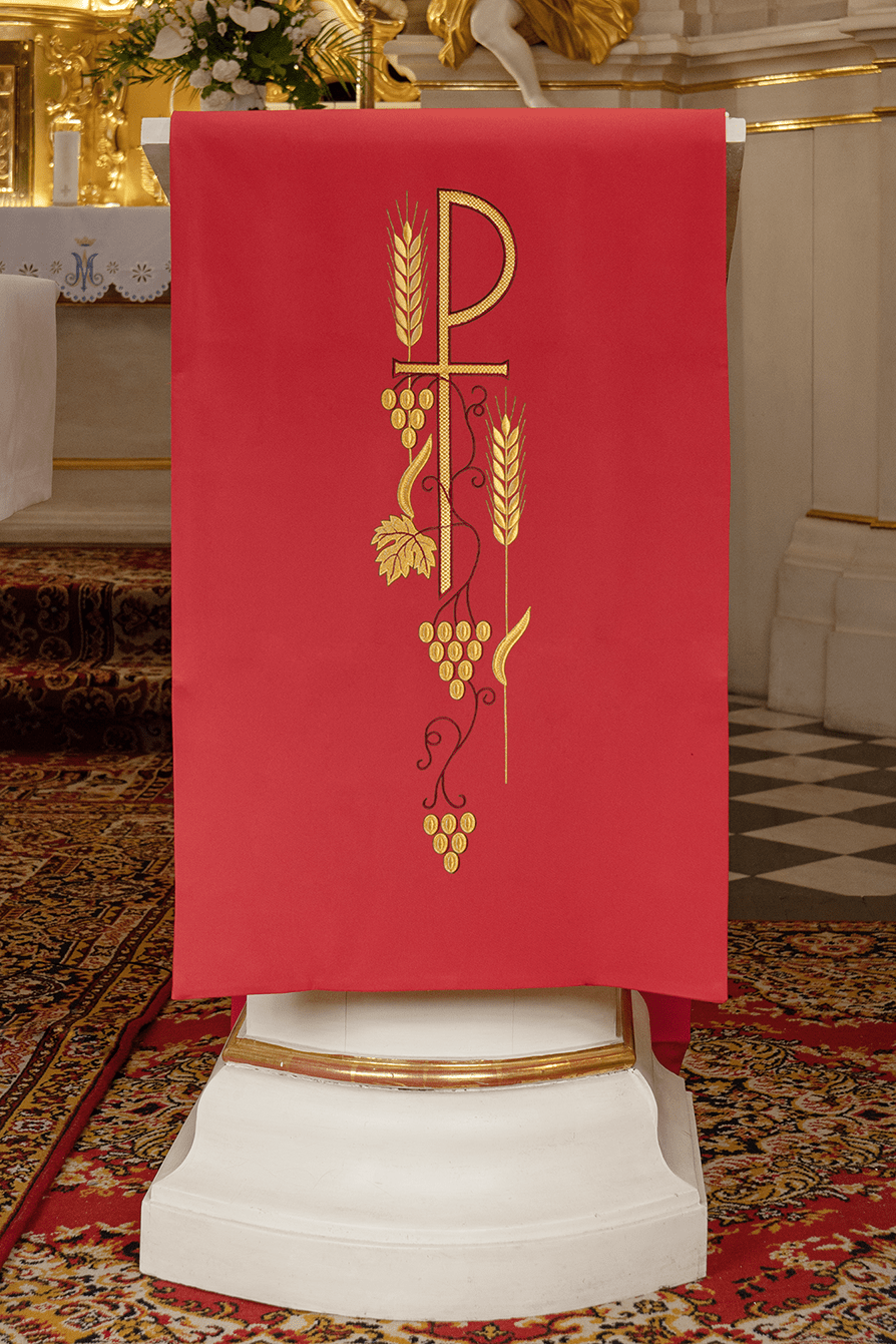 Red lectern cover with embroidered PAX symbol KMO/001/02/01 CZERWONY 55*250 - HAFTINAUSA.COM