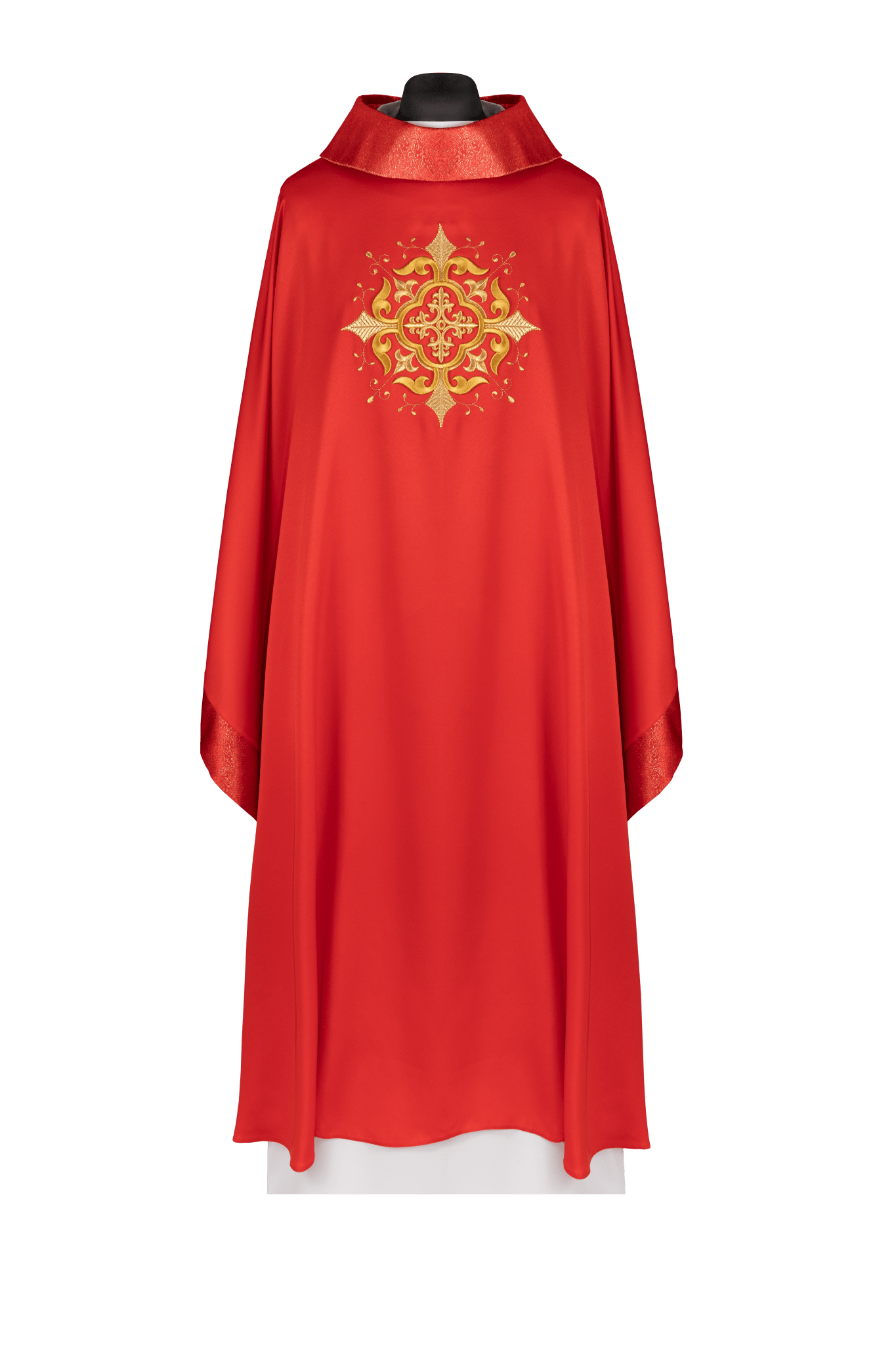Red liturgical chasuble with embroidered cross motif and rich detailing KDT/7021/02/53 - CHASUBLES.COM
