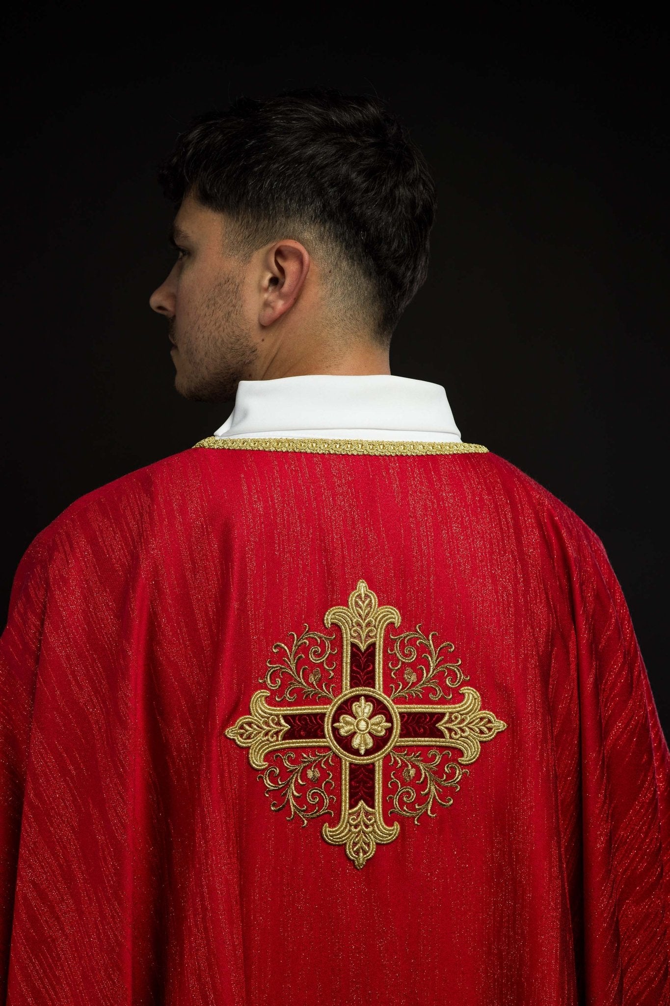 Red Liturgical Chasuble with Embroidered Cross on Decorative Fabric KOA/006/02/99 - CHASUBLES.COM