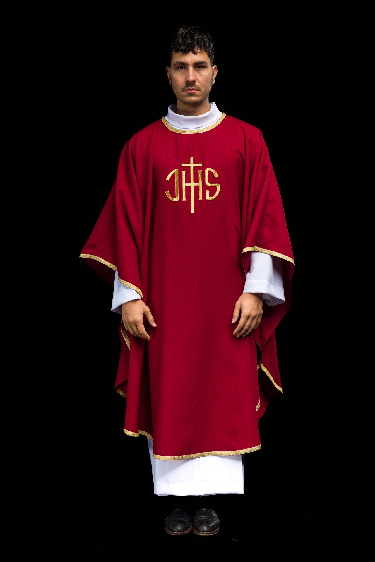 Red Liturgical Chasuble with Golden IHS Embroidery KOA/001/02/70 - CHASUBLES.COM