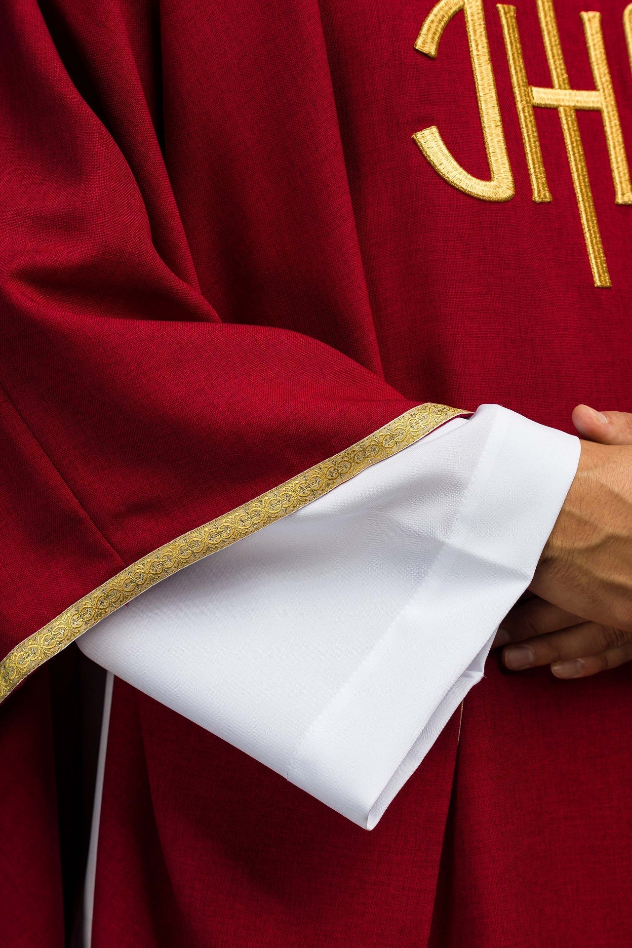 Red Liturgical Chasuble with Golden IHS Embroidery KOA/001/02/70 - CHASUBLES.COM