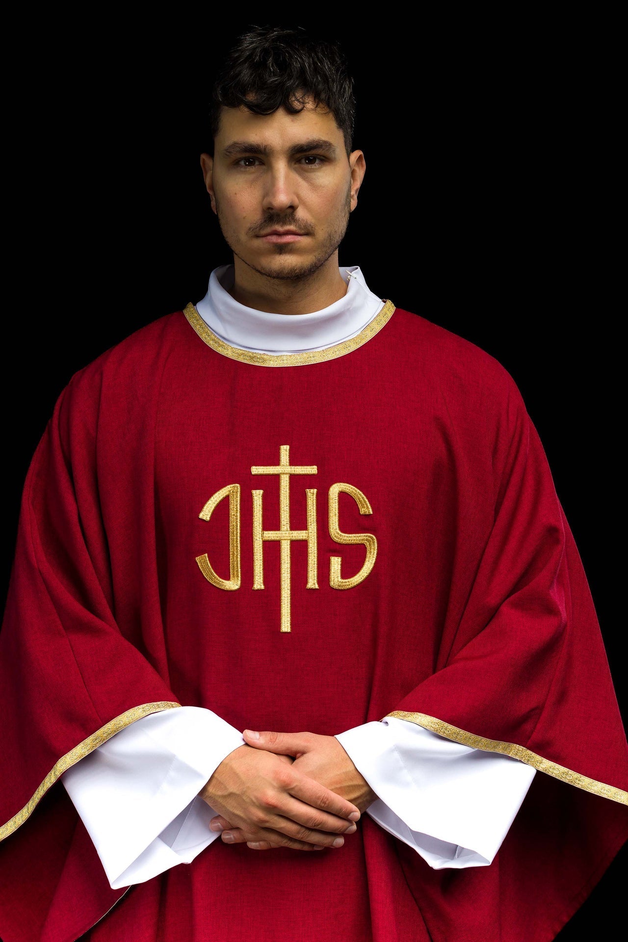 Red Liturgical Chasuble with Golden IHS Embroidery KOA/001/02/70 - CHASUBLES.COM