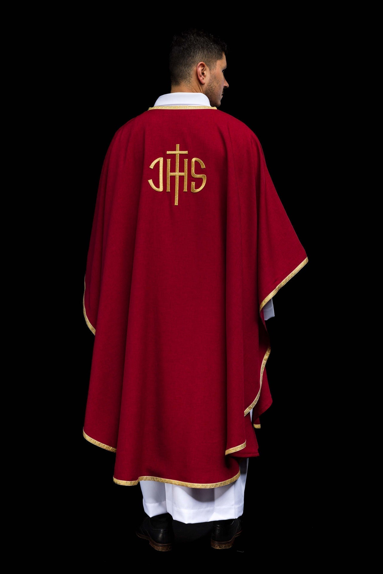 Red Liturgical Chasuble with Golden IHS Embroidery KOA/001/02/70 - CHASUBLES.COM
