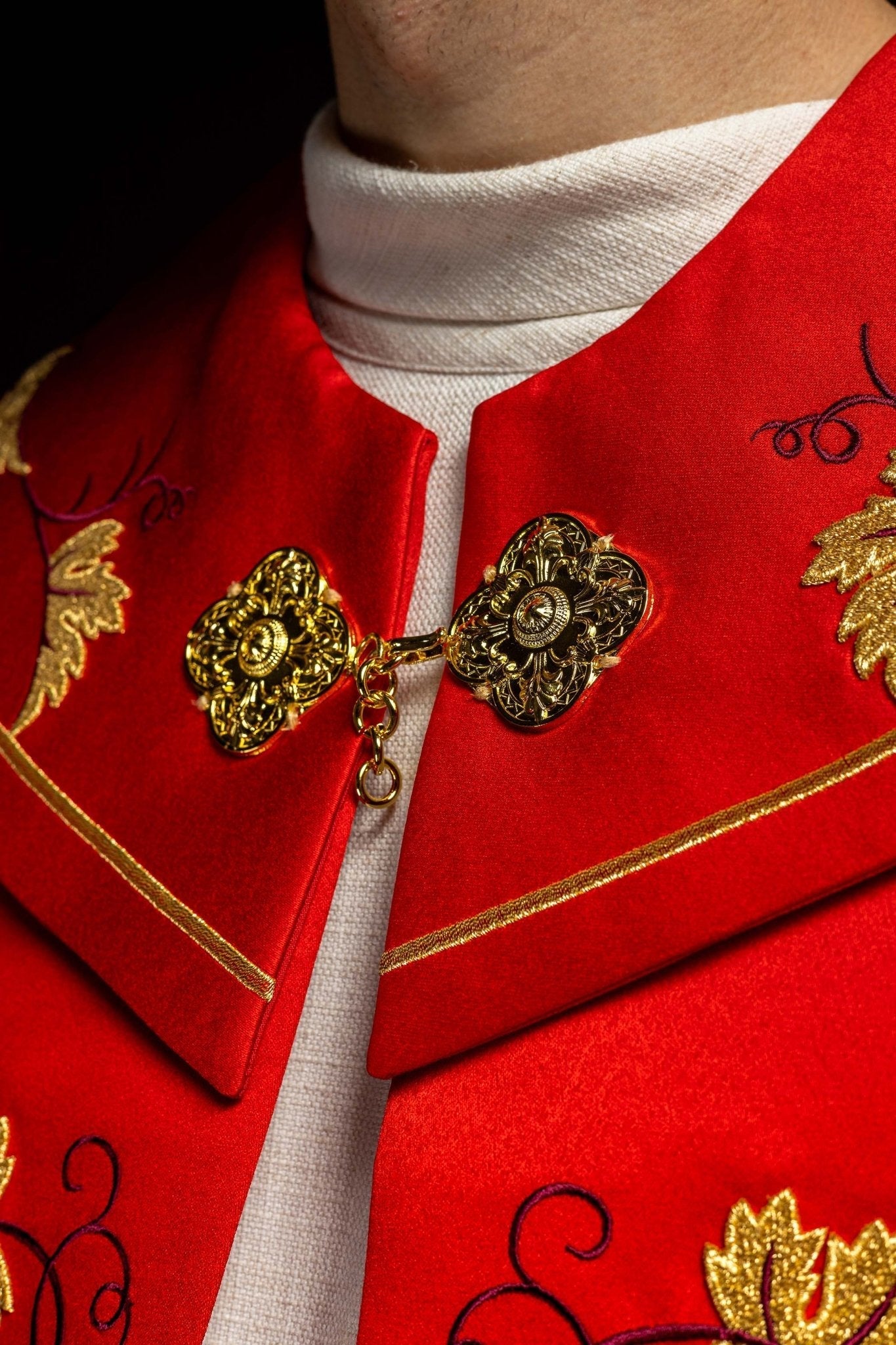 Red Liturgical cope with Gold Embroidery IHS and Grape KKP/001/02/20 CZERWONA SAT.POMPON 150cm - HAFTINAUSA.COM