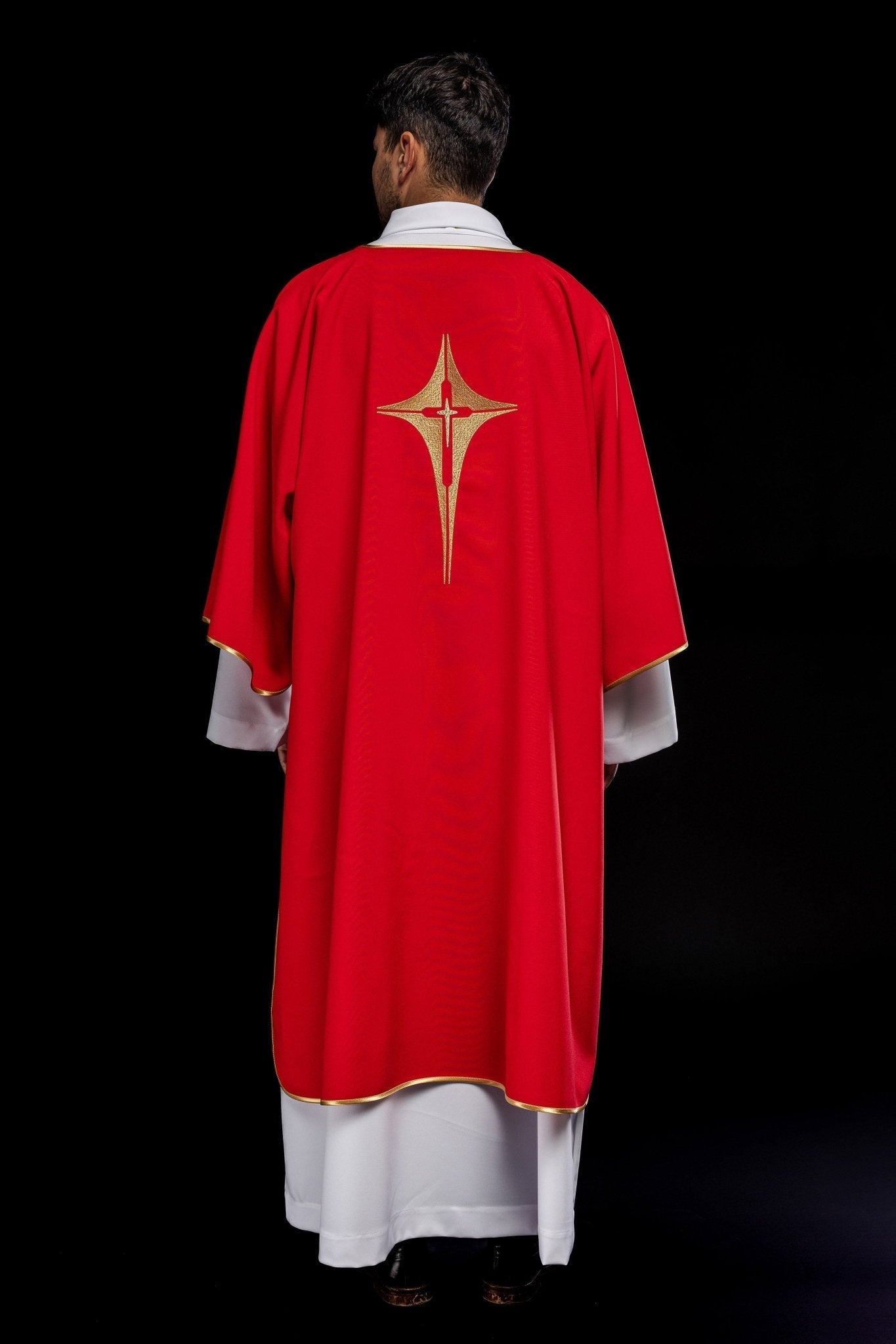 Red liturgical dalmatic with gold cross KDL/214/02/12/D - HAFTINAUSA.COM
