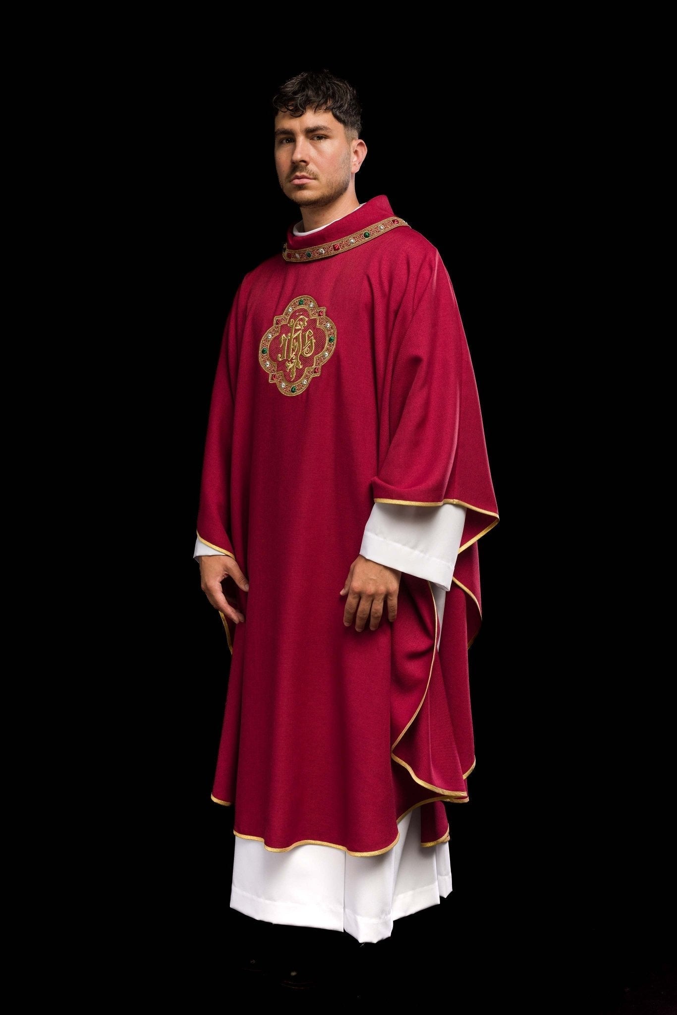 Red priest vestment with classic JHS symbol and embroidered collar S - 7073 - 02 - 70 - HAFTINAUSA.COM