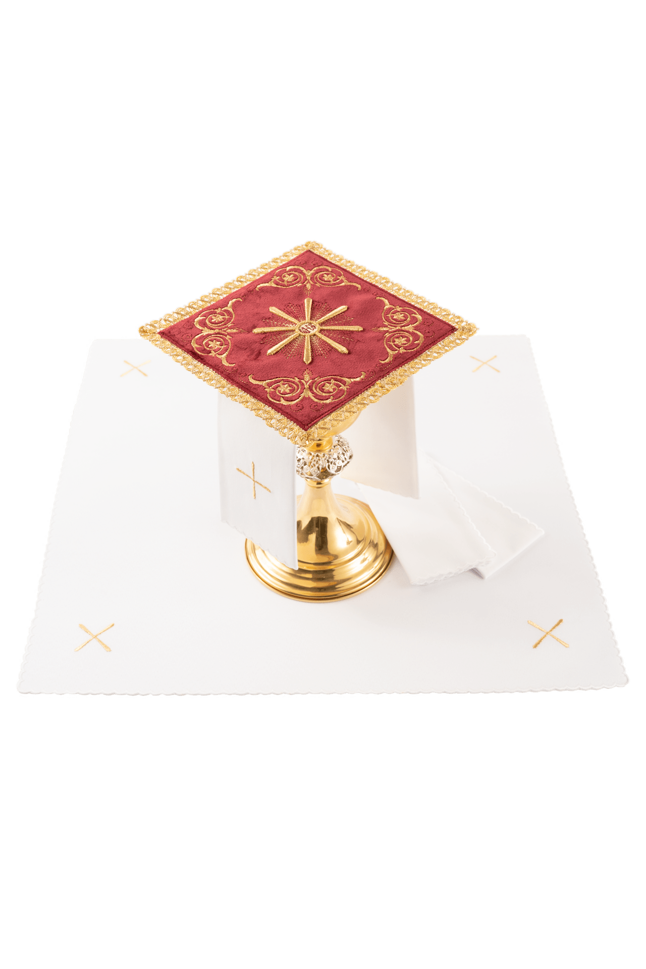 Red velvet embroidered chalice linens set KDT/5034/02/W - CHASUBLES.COM