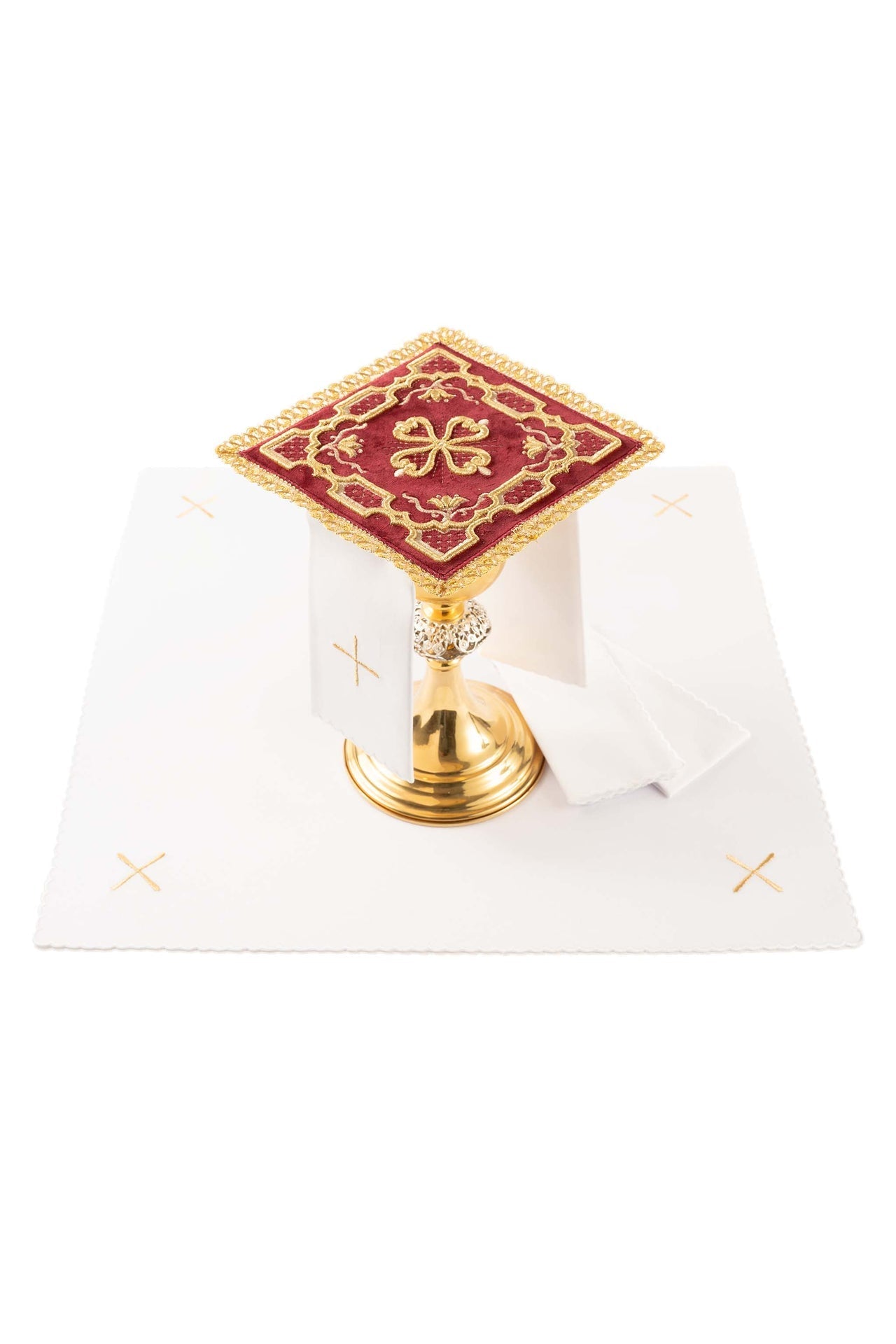 Red velvet embroidered chalice linens set KDT/5035/02/W - CHASUBLES.COM