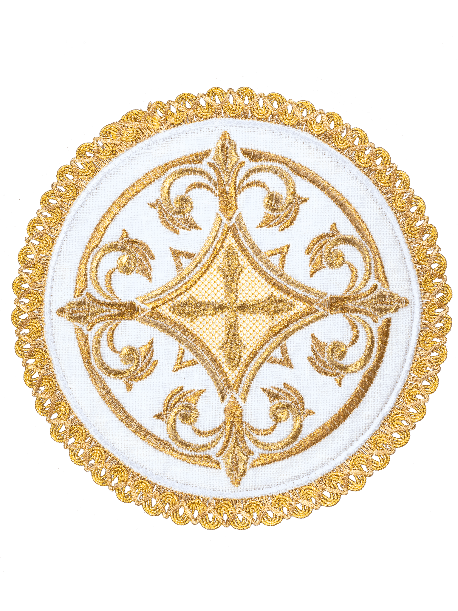 Richly decorated altar linens set with cross embroidery on round toe S - 5022 - HAFTINAUSA.COM