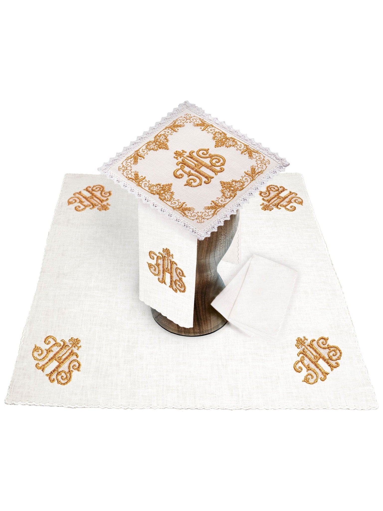 Richly decorated linen chalices set linen IHS KKL/049 - HAFTINAUSA.COM