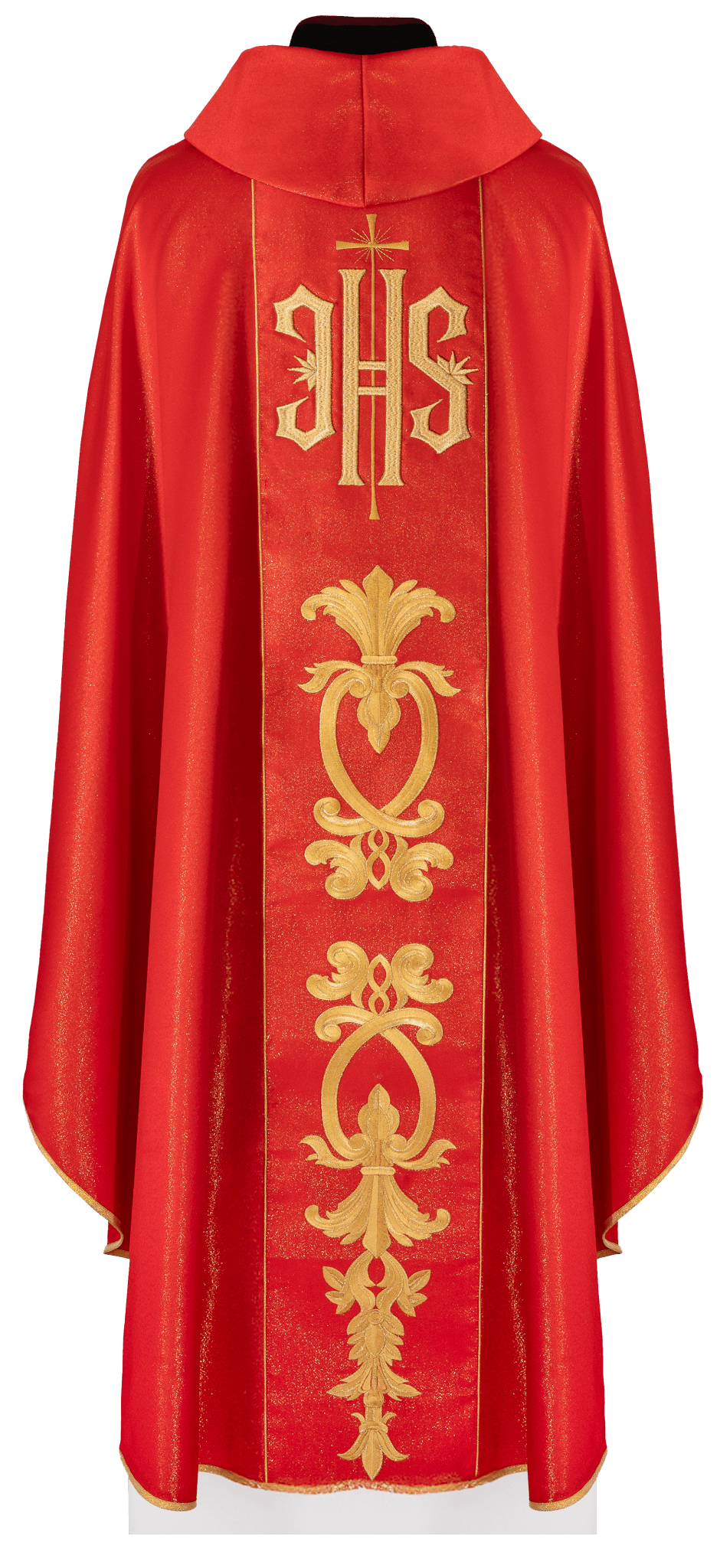 Richly decorated red chasuble with golden motifs and a wide IHS band KDT/7001/02/54 CZERWONY - CHASUBLES.COM