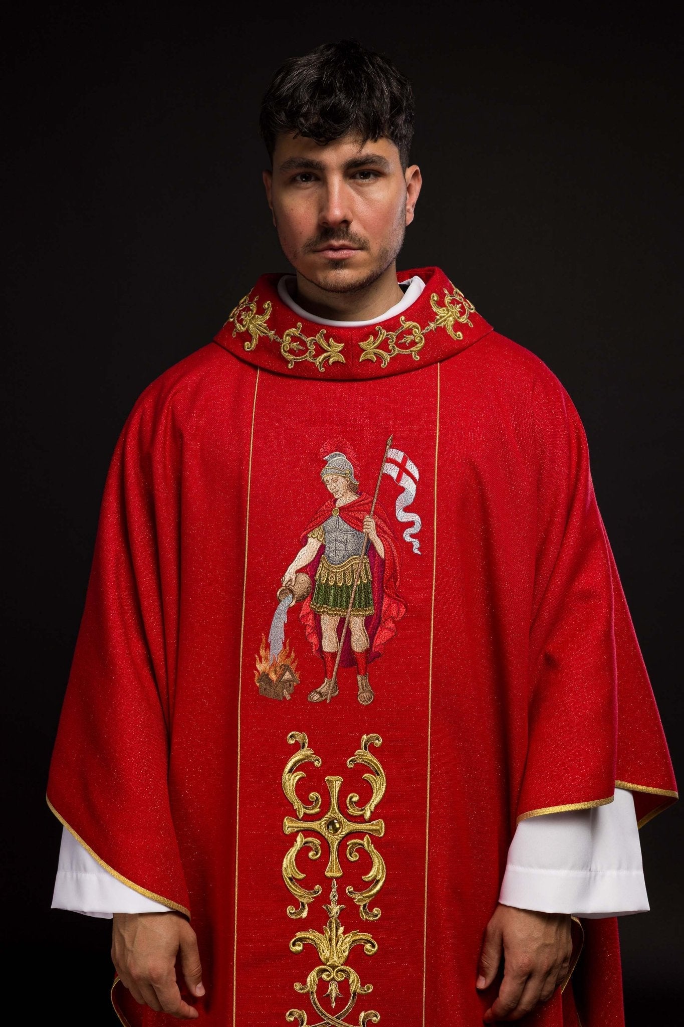 Richly embroidered chasuble with the image of Saint Florian KOW2/037/02/71 - HAFTINAUSA.COM