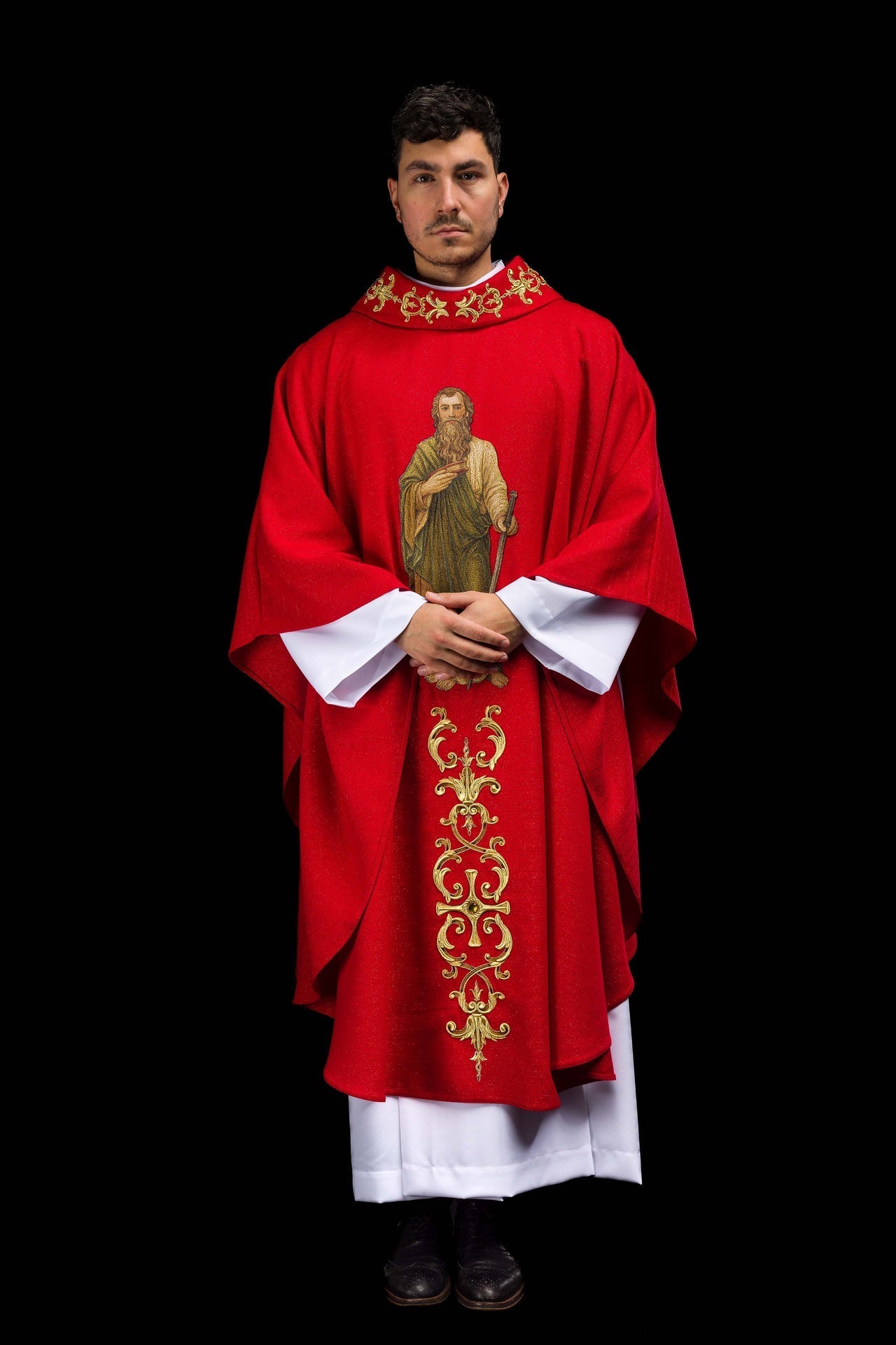 Richly embroidered chasuble with the image of Saint Paul red KOW2/039/02/71 - CHASUBLES.COM