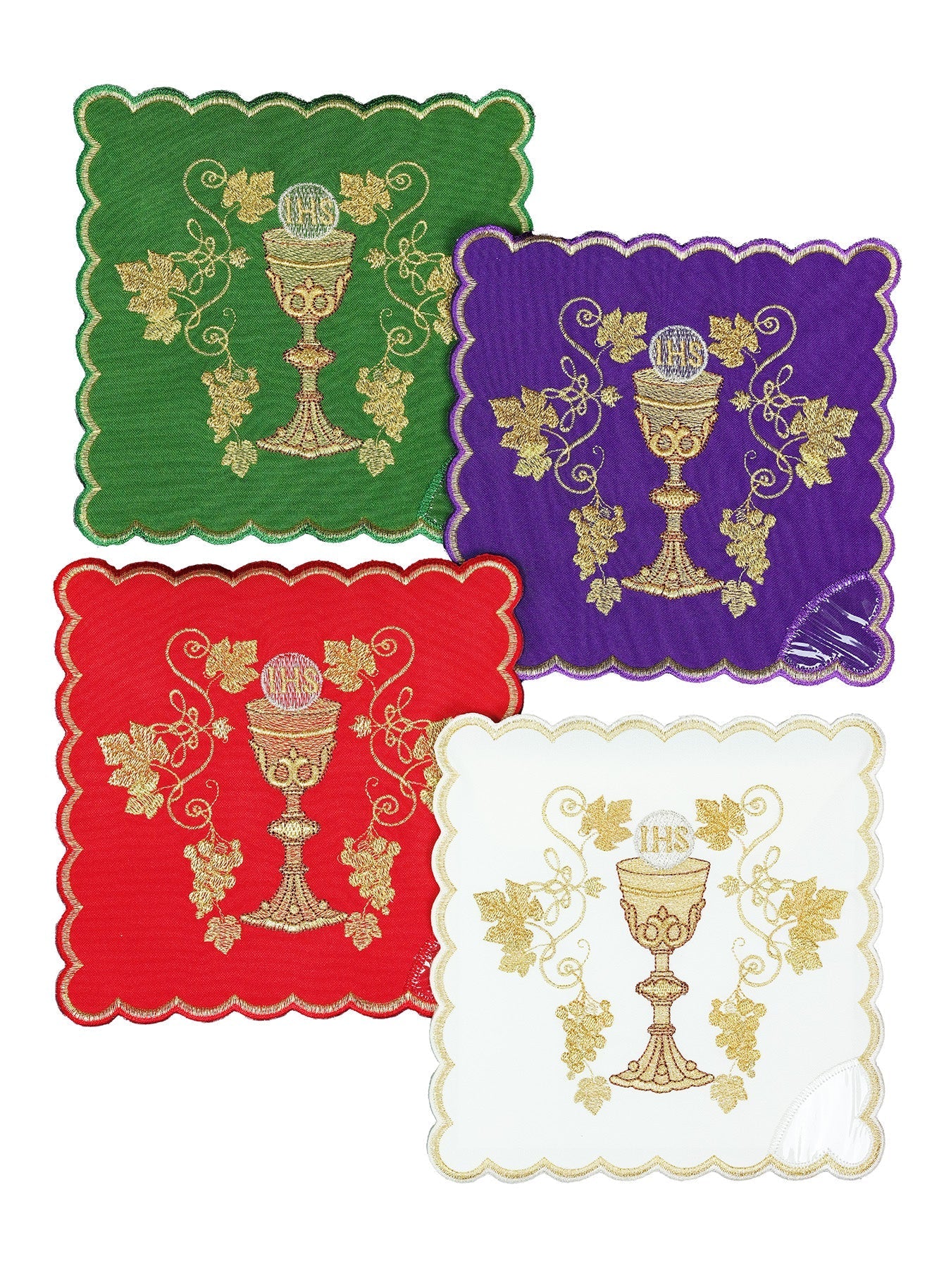 Set of chalice palls with a chalice symbol in four liturgical colors KPA4/166 18*18 - CHASUBLES.COM