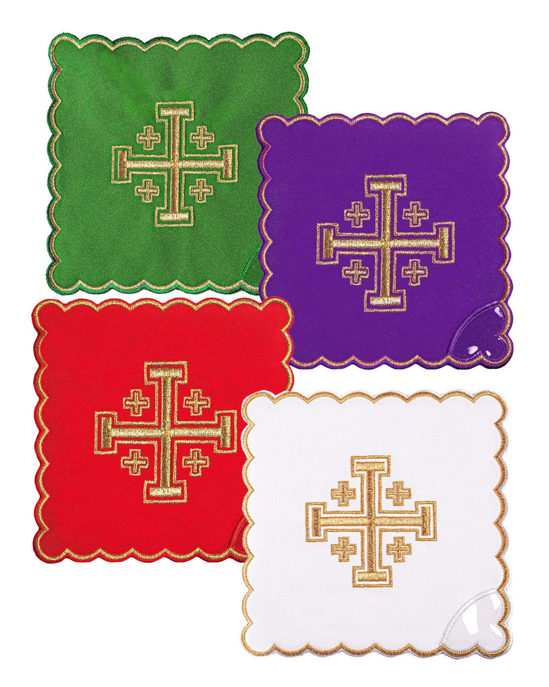 Set of palls with embroidered Jerusalem cross in four liturgical color
