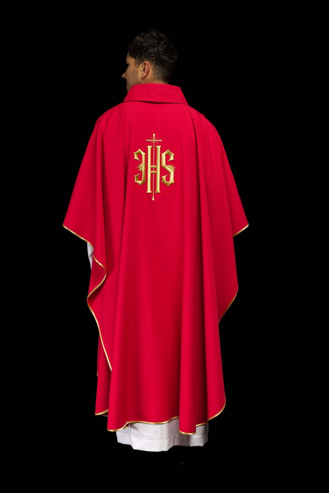 Simple chasuble with raised IHS gold embroidery KOR/010/02/12 CZERWONY - CHASUBLES.COM