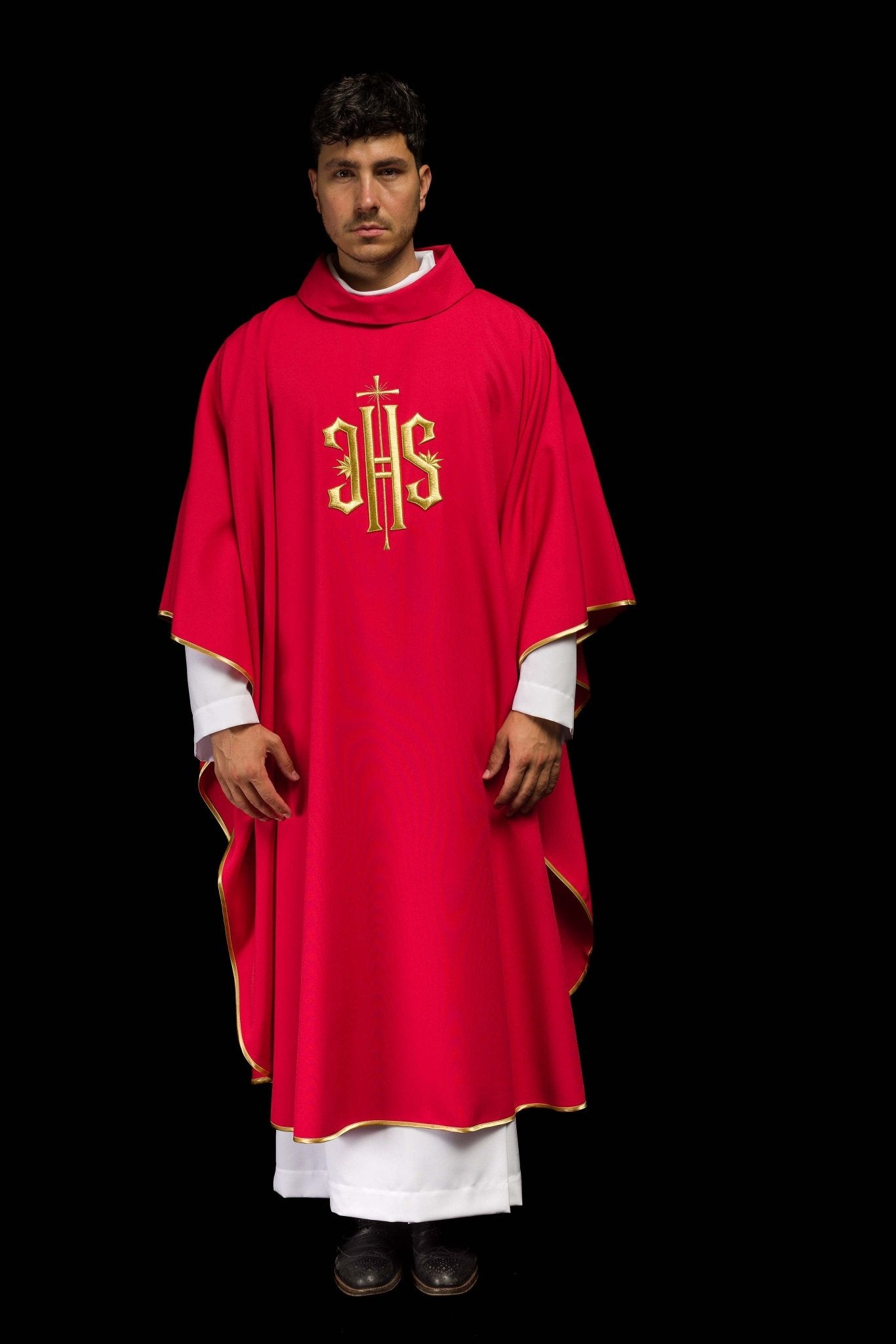 Simple chasuble with raised IHS gold embroidery KOR/010/02/12 CZERWONY - CHASUBLES.COM