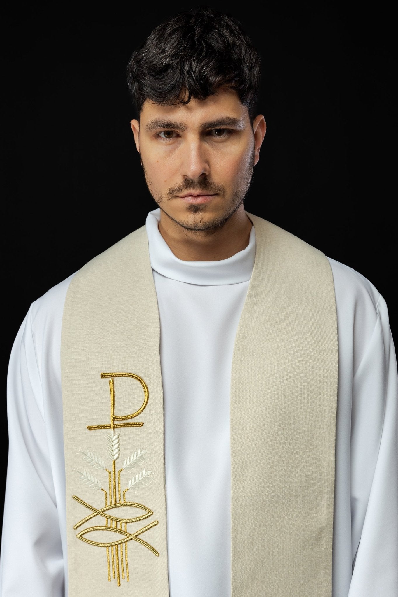 Simple priest stole in ivory with ichthys and PAX embroidery S - 2058 - 05 - 70 - HAFTINAUSA.COM