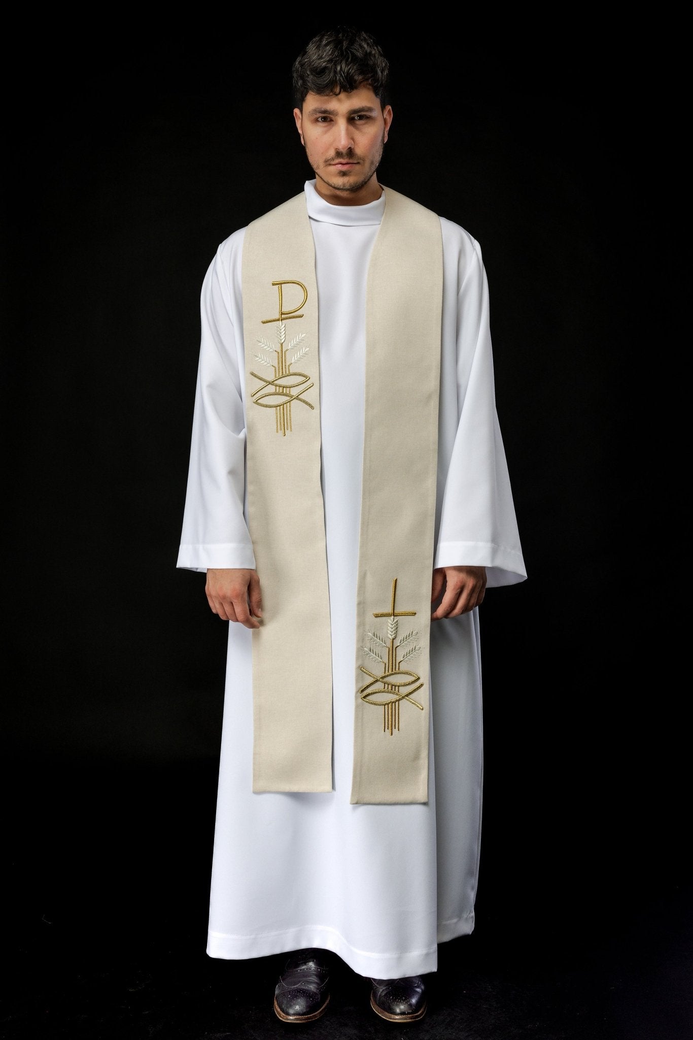 Simple priest stole in ivory with ichthys and PAX embroidery S - 2058 - 05 - 70 - HAFTINAUSA.COM
