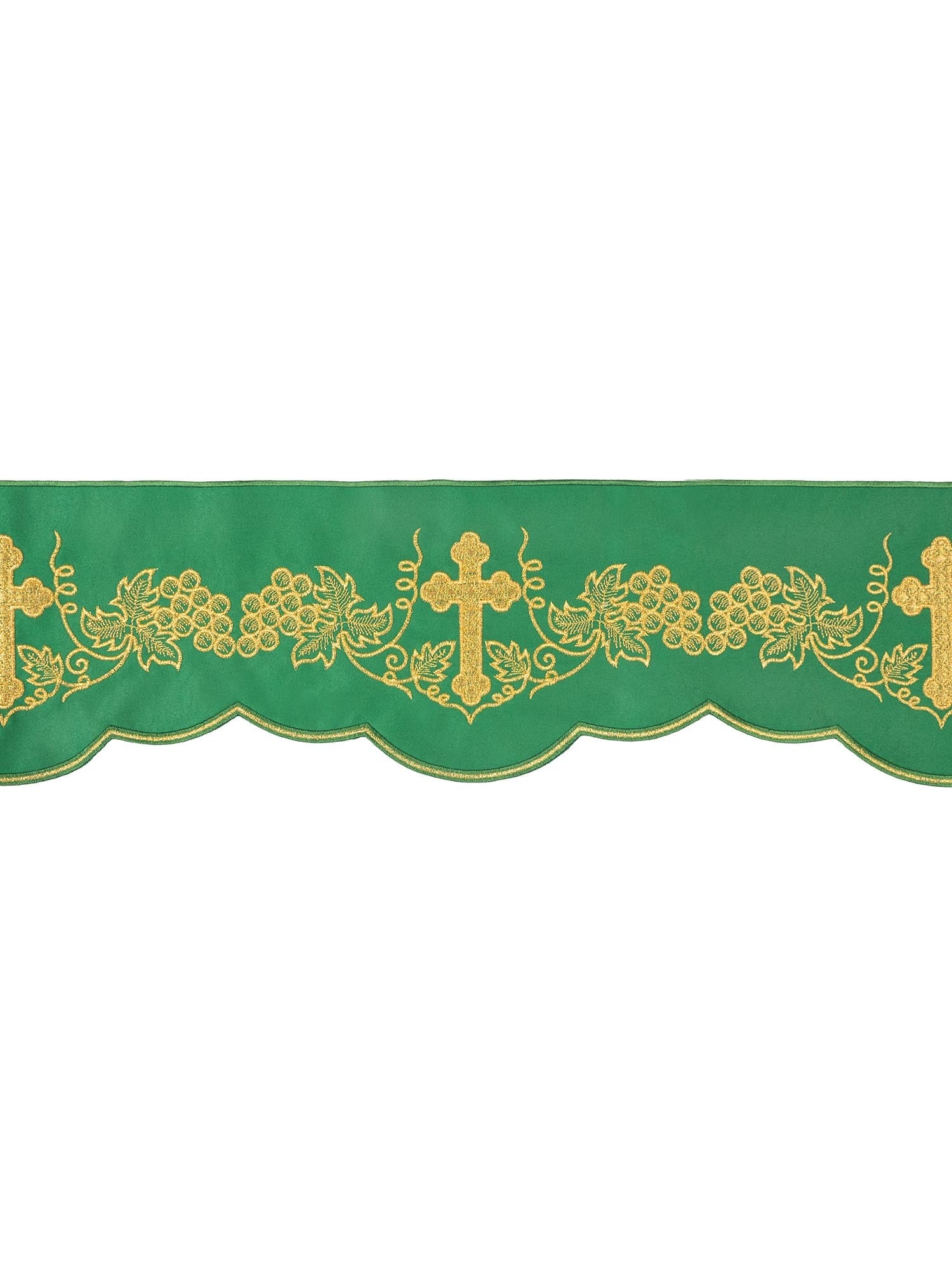 Superfrontal in green with Cross and Grapes embroidery KOM/020/01 15cm 3,5m - HAFTINAUSA.COM