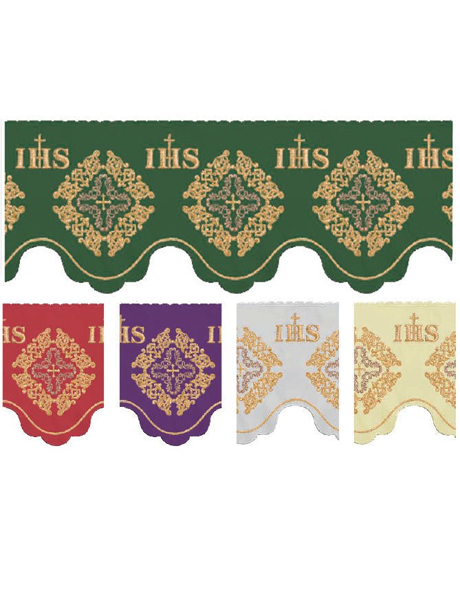 Trimmings with front embroidery IHS, Cross, and Rosette Violet KOM/061/03 19cm 3,5m - HAFTINAUSA.COM