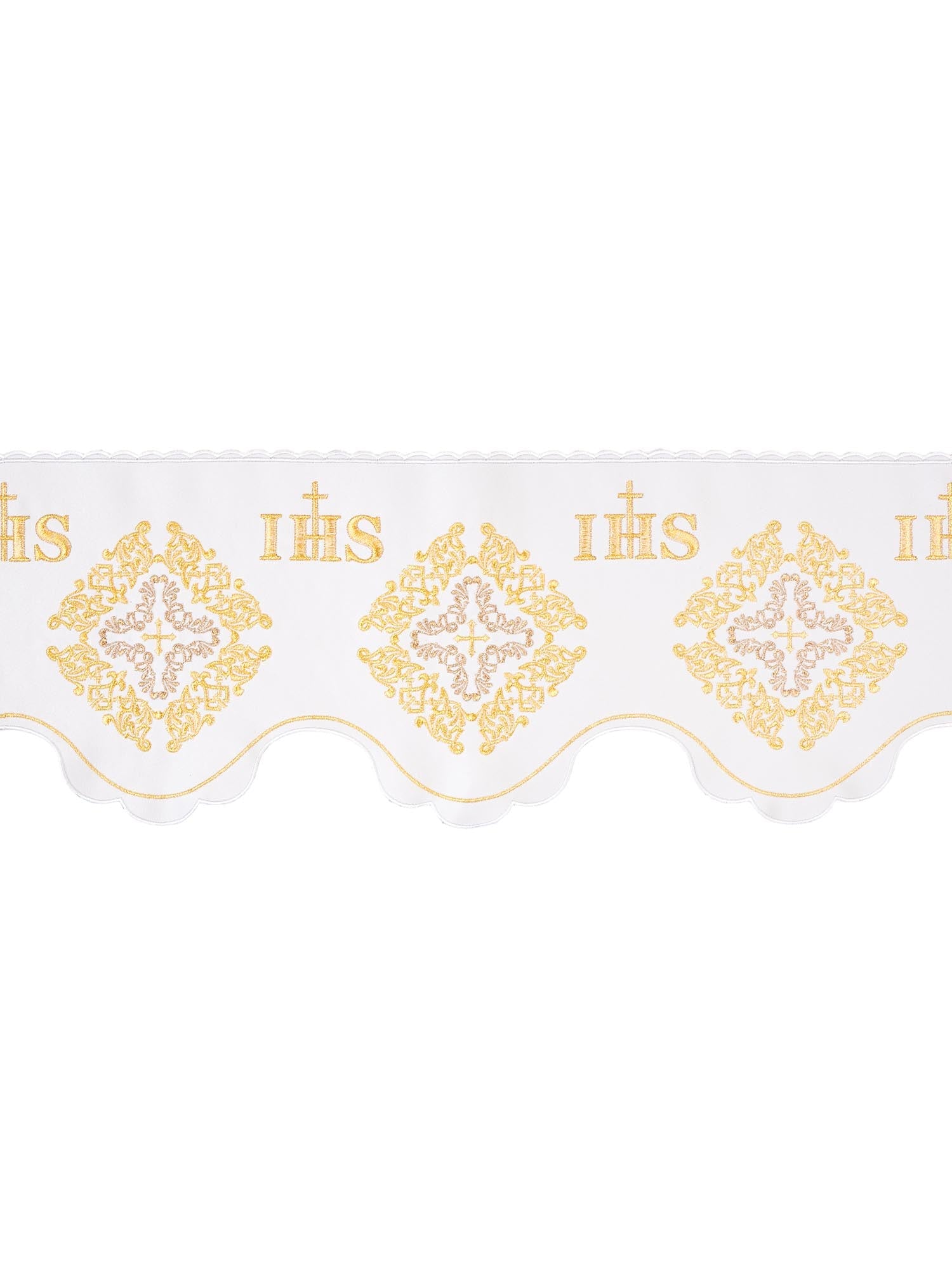 Trimmings with front embroidery IHS, Cross, and Rosette White KOM/061/04 19cm 3,5m - HAFTINAUSA.COM