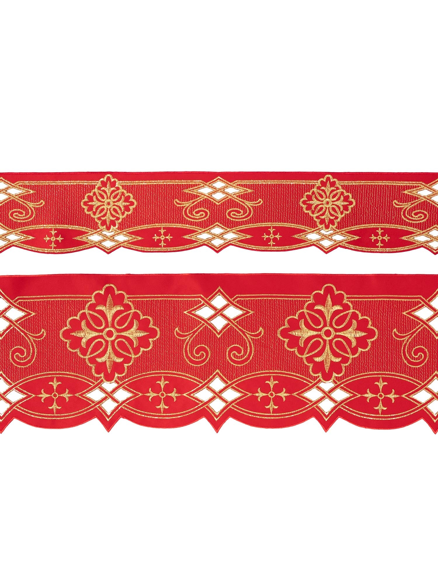 Trimmings with front embroidery Rosette in red KOM/030/02 9cm 3,5m - HAFTINAUSA.COM
